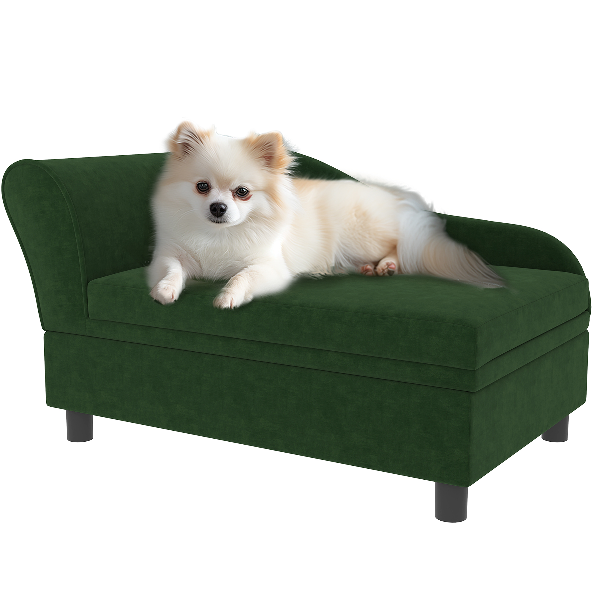 PawHut Canapea câini pisici pe picioare cu depozitare stil modern perne de șezut detașabile 76 x 45 x 43 cm verde | Aosom Romania