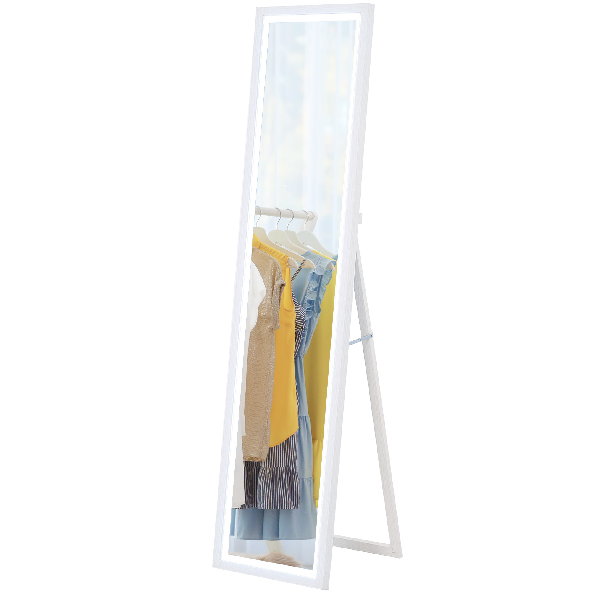 HOMCOM Oglindă mare la întreaga lungime, oglindă rectangulară montată pe perete sau pe suport, 40 x 160 cm cu iluminare LED 3 culori, alb | Aosom Romania