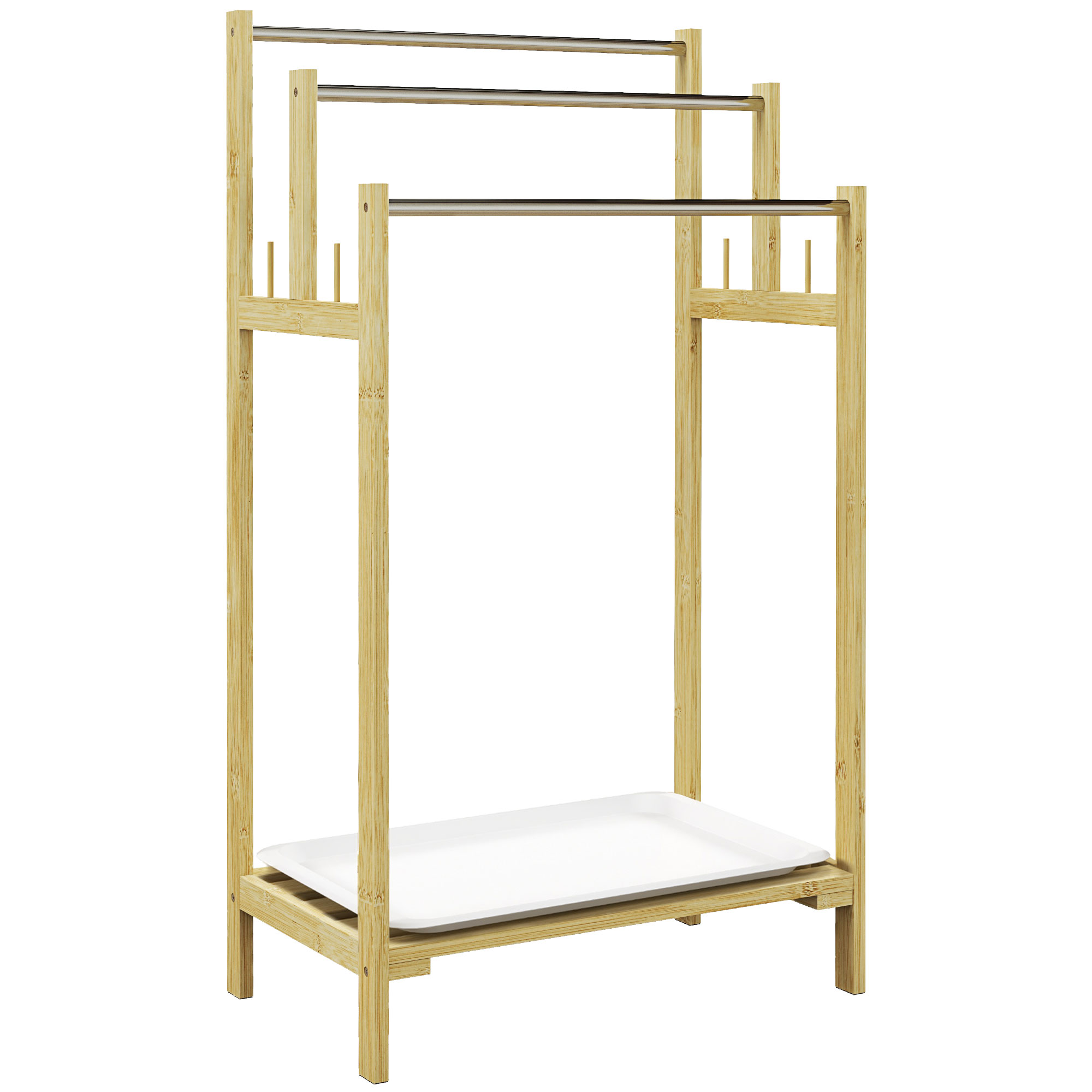 HOMCOM Suport de prosoape din bambus cu 3 bare, raft de depozitare, 4 cârlige și platou detașabil, 50,5Lx31Px90H cm natural | Aosom Romania