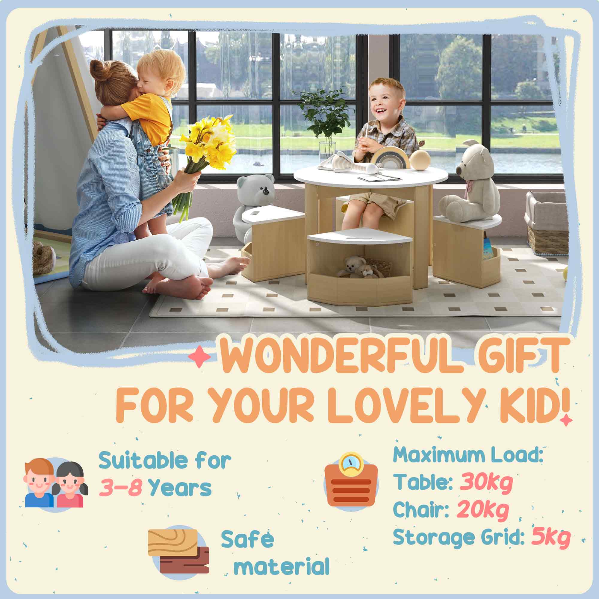 AIYAPLAY Five-Piece Kids Table and Chairs Set with Storage, for Ages 3-8 Years, White 7