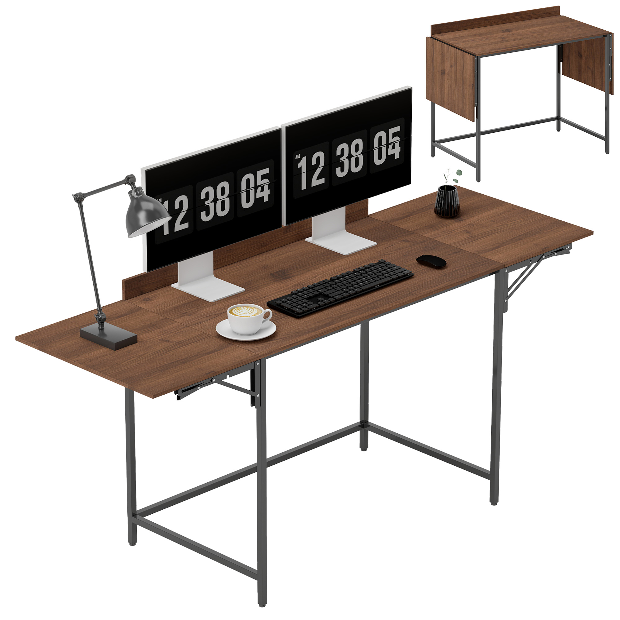 HOMCOM Birou pliant masă de calculator 2 aripi pliabile pentru 2 monitoare, pentru cameră, spații mici, 170 x 58 x 78 cm nuc | Aosom Romania