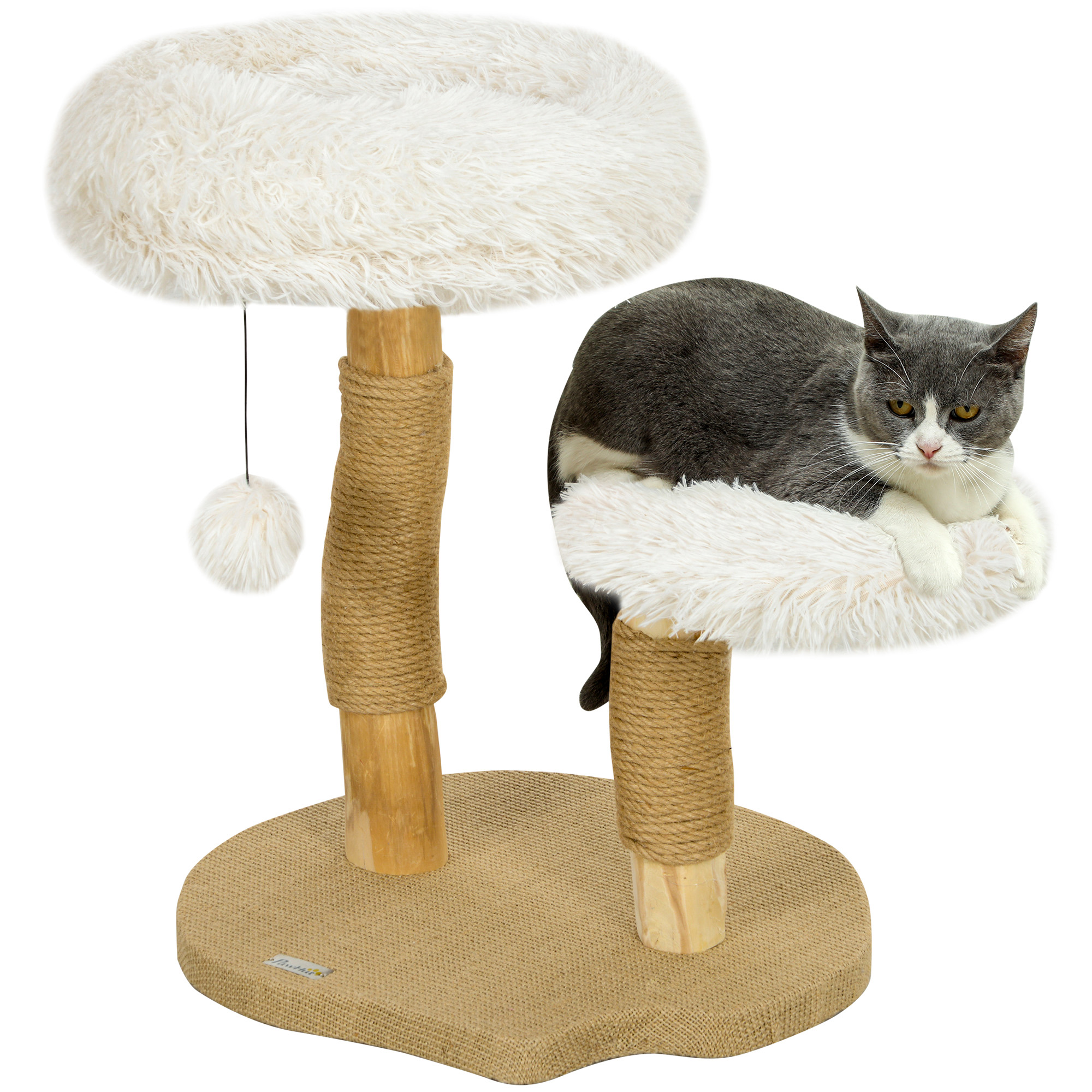 PawHut Turn pentru pisici, 61,5 cm, cu pat pentru pisici, turn pentru zgâriat, platformă de sărituri, minge de jucărie, pentru pisici de până la 5 kg, Alb | Aosom Romania