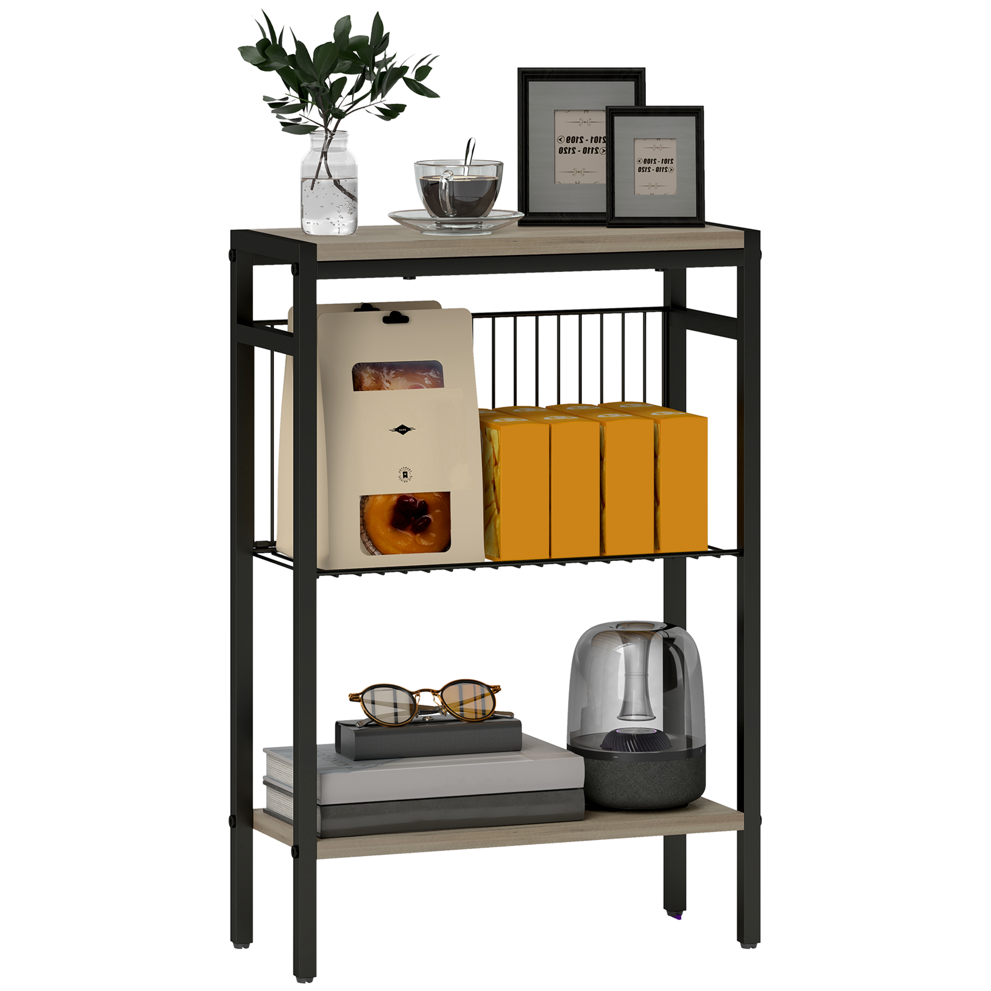 HOMCOM Masă auxiliară îngustă cu 3 nivele cu rafturi de depozitare, cadru din oțel, pentru sufragerie, dormitor, 43x18x62,5cm, gri | Aosom Romania
