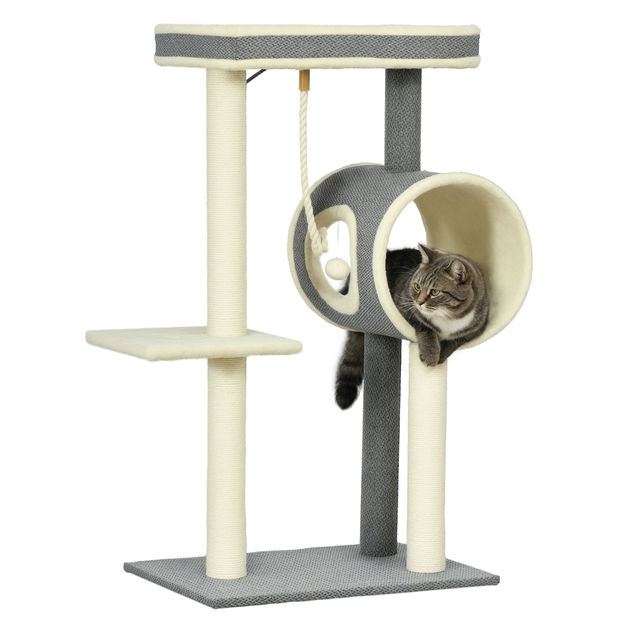 PawHut Copac zgâriat Katzenbaum, 1 cuib pentru pisici, 2 zone de odihnă, 60 cm x 40 cm x 104 cm, Gri + Natural | Aosom Romania
