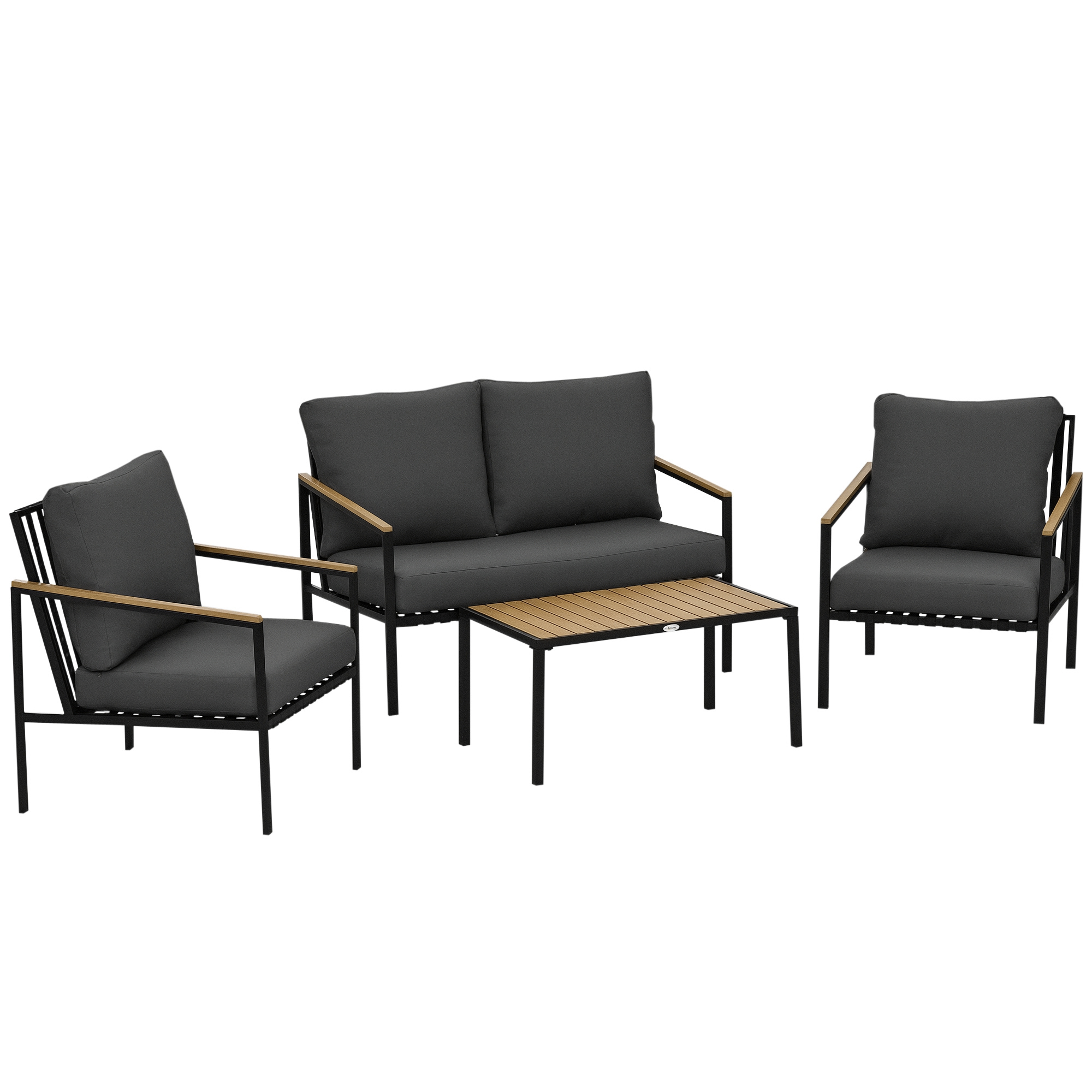 Outsunny Set mobilier de grădină 4 piese 4 persoane cu canapea cu 2 locuri fotolii și masă de cafea 8 perne negru gri închis | Aosom Romania
