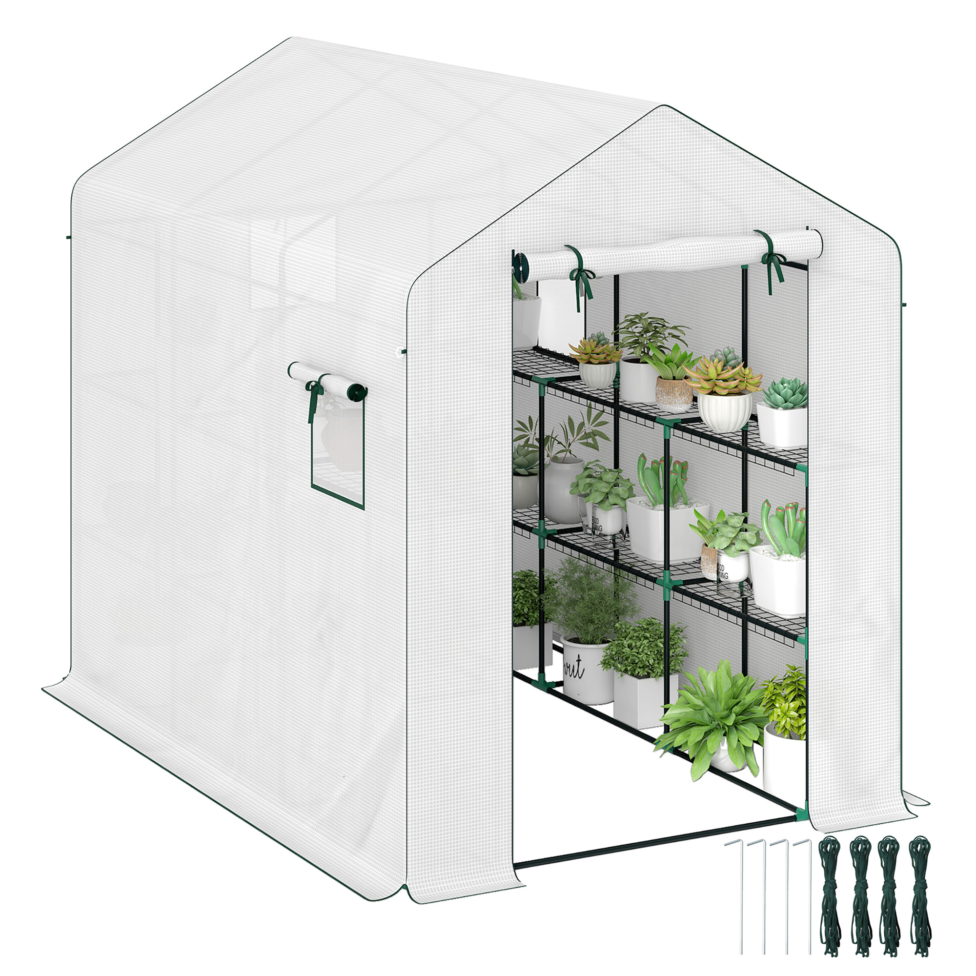 Outsunny Sera de grădină 3 m² cu rafturi 3 niveluri, PE renforcée 135 g/m² anti-UV, ușă rulabilă și ferestre din plasă | Aosom Romania