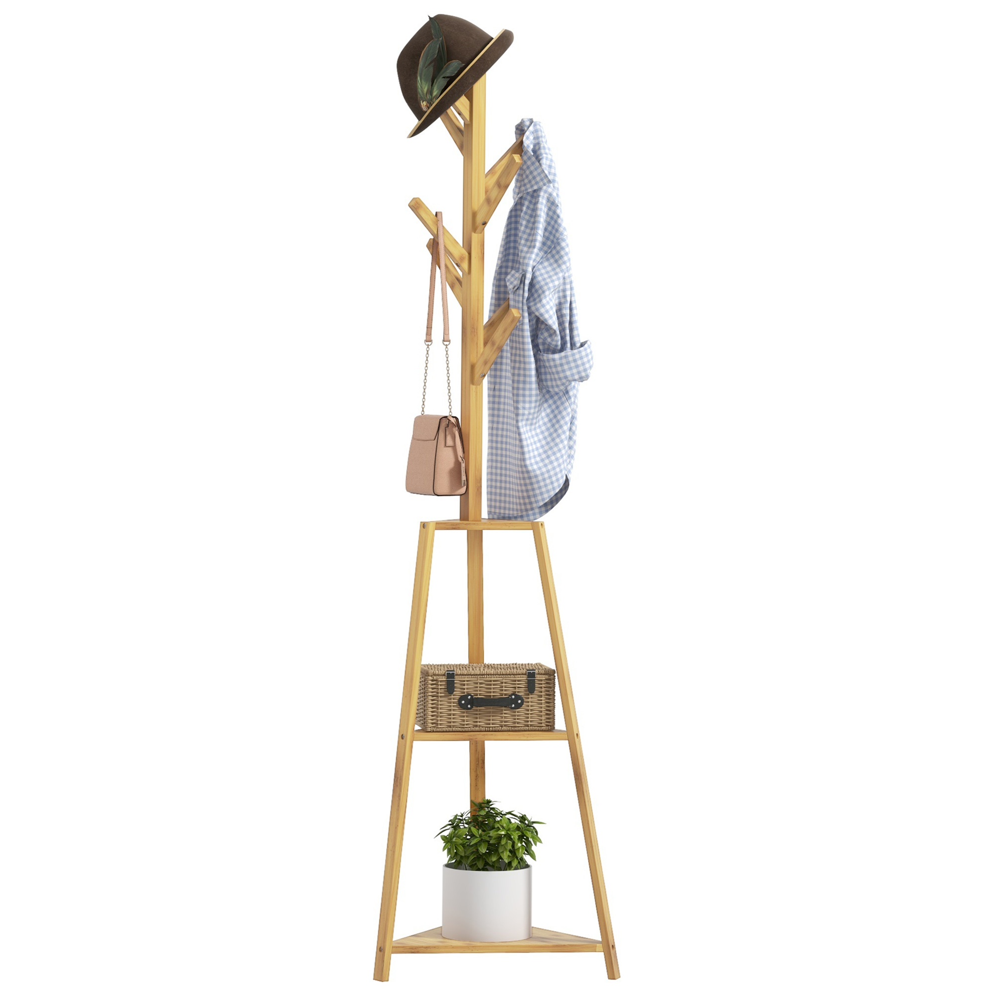 HOMCOM Suport pentru haine din bambus, stand pentru haine cu 8 cârlige și 3 rafturi 46 x 46 x 175 cm natural | Aosom Romania