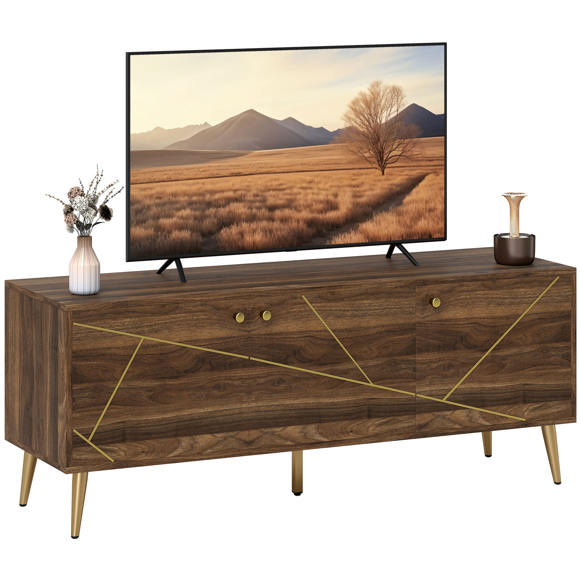 HOMCOM Măsuță TV mobilier TV din lemn pentru televizor de până la 60 de inch cu dulapuri rafturi picioare din oțel 130 x 40 x 52 cm maro | Aosom Romania