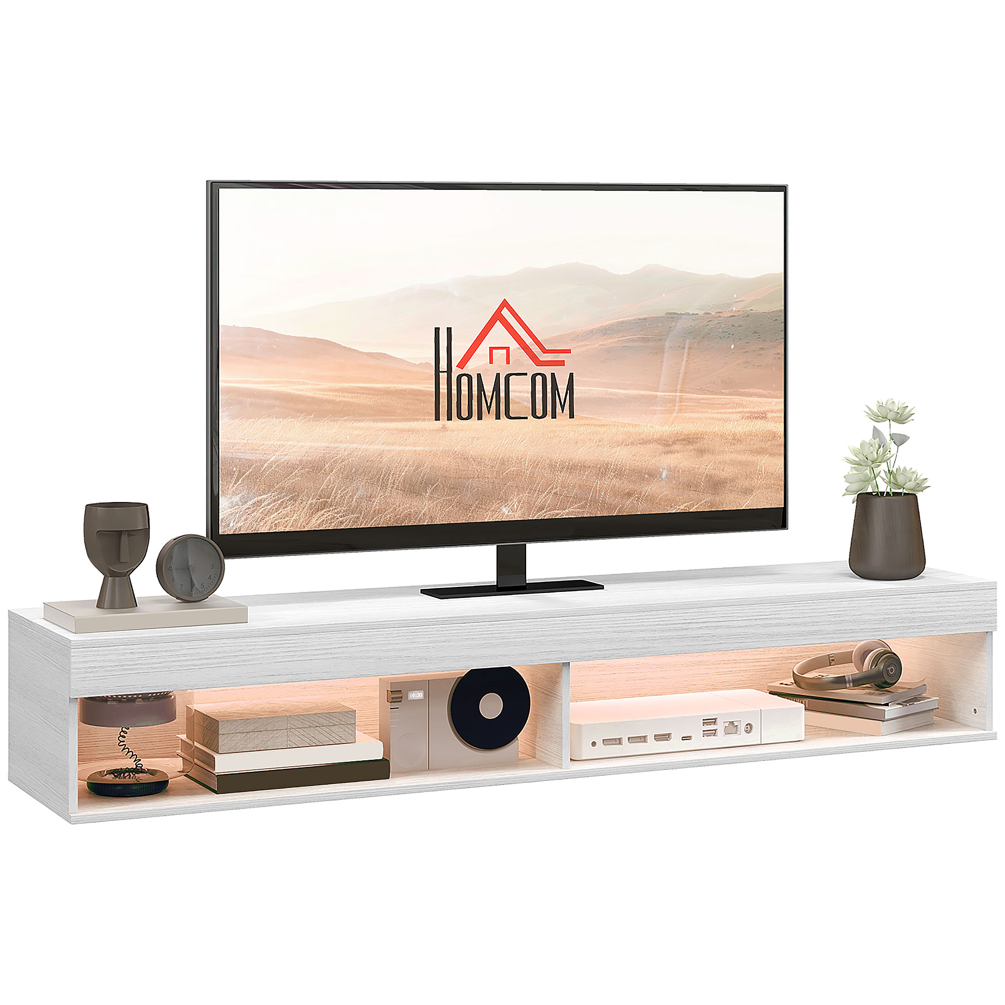 HOMCOM Meuble TV suspendat mural cu iluminare LED pentru televizoare de până la 75 de inci, rafturi, 180L x 40l x 30H cm, alb | Aosom Romania