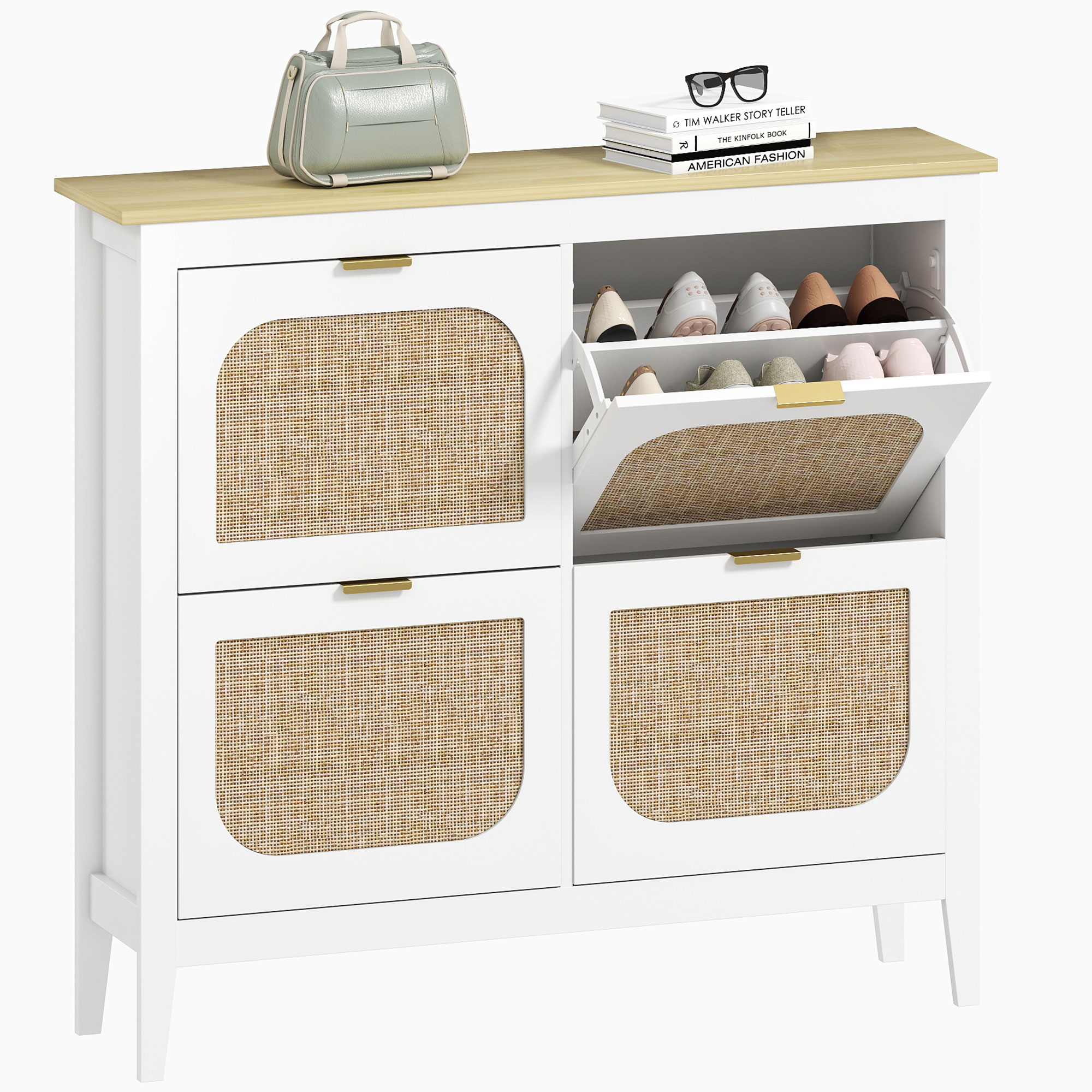 HOMCOM Zapatero Estrecho con 4 Puertas de Ratán Estantes Ajustables para 20 Pares de Zapatos 105x24x95,5 cm Alb | Aosom Romania