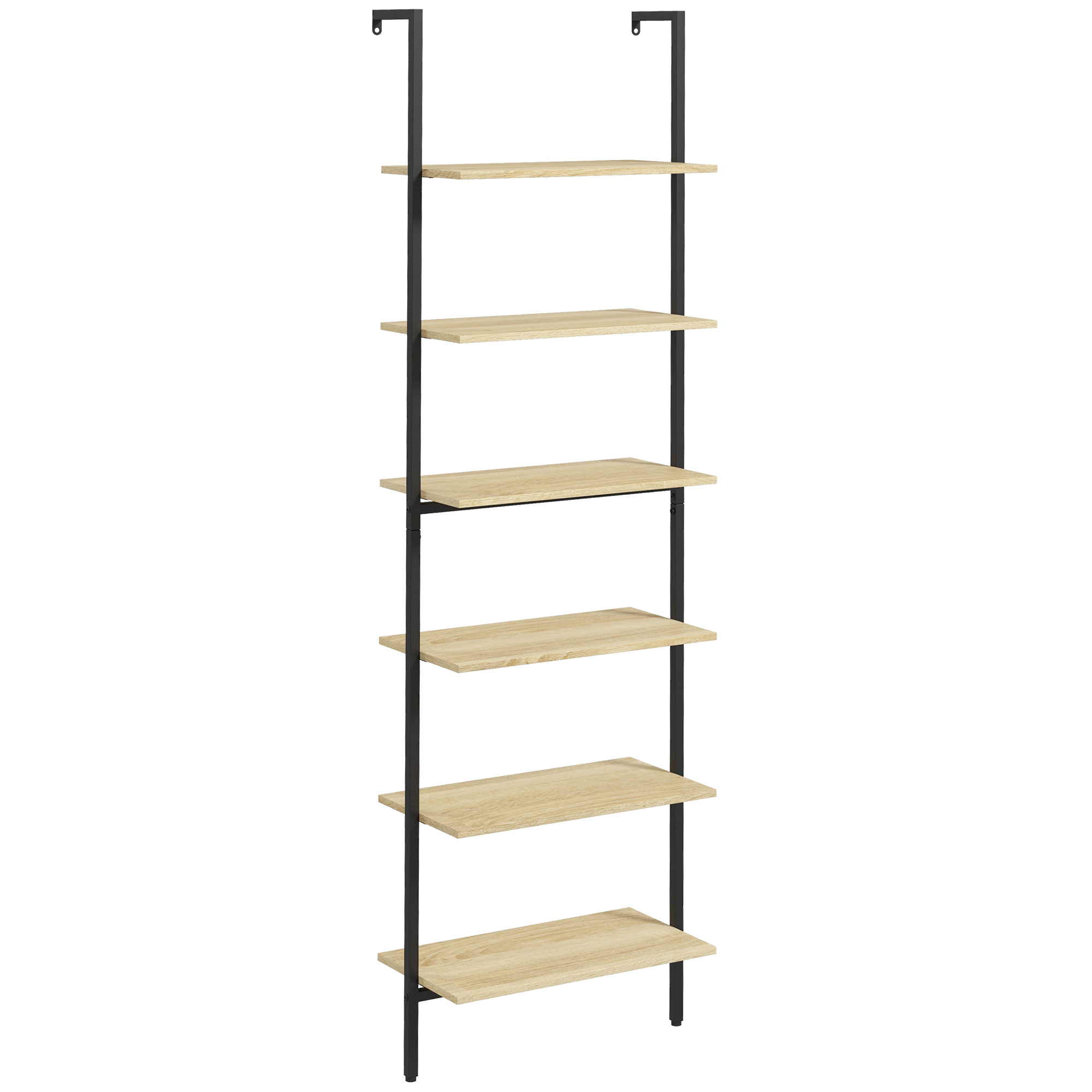 HOMCOM Raft tip scară montabil pe perete, bibliotecă stil industrial cu 6 rafturi din oțel negru și aspect de lemn natural dim. 60L x 30l x 206H cm | Aosom Romania