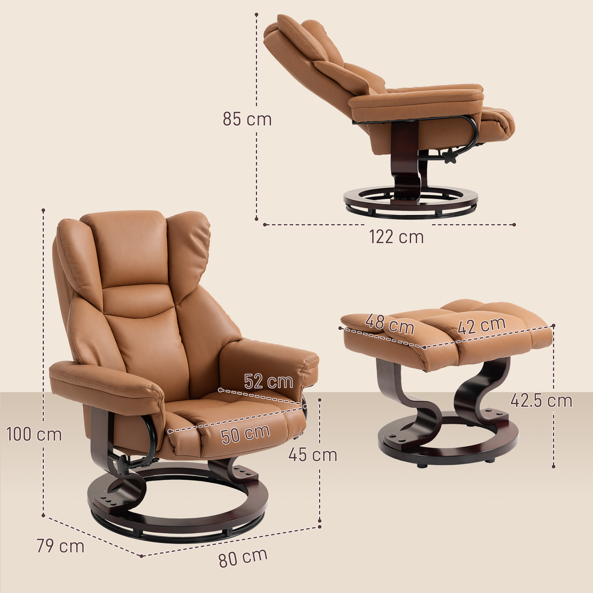 HOMCOM Faux Leather Reclining Chair and Footstool Brown 3