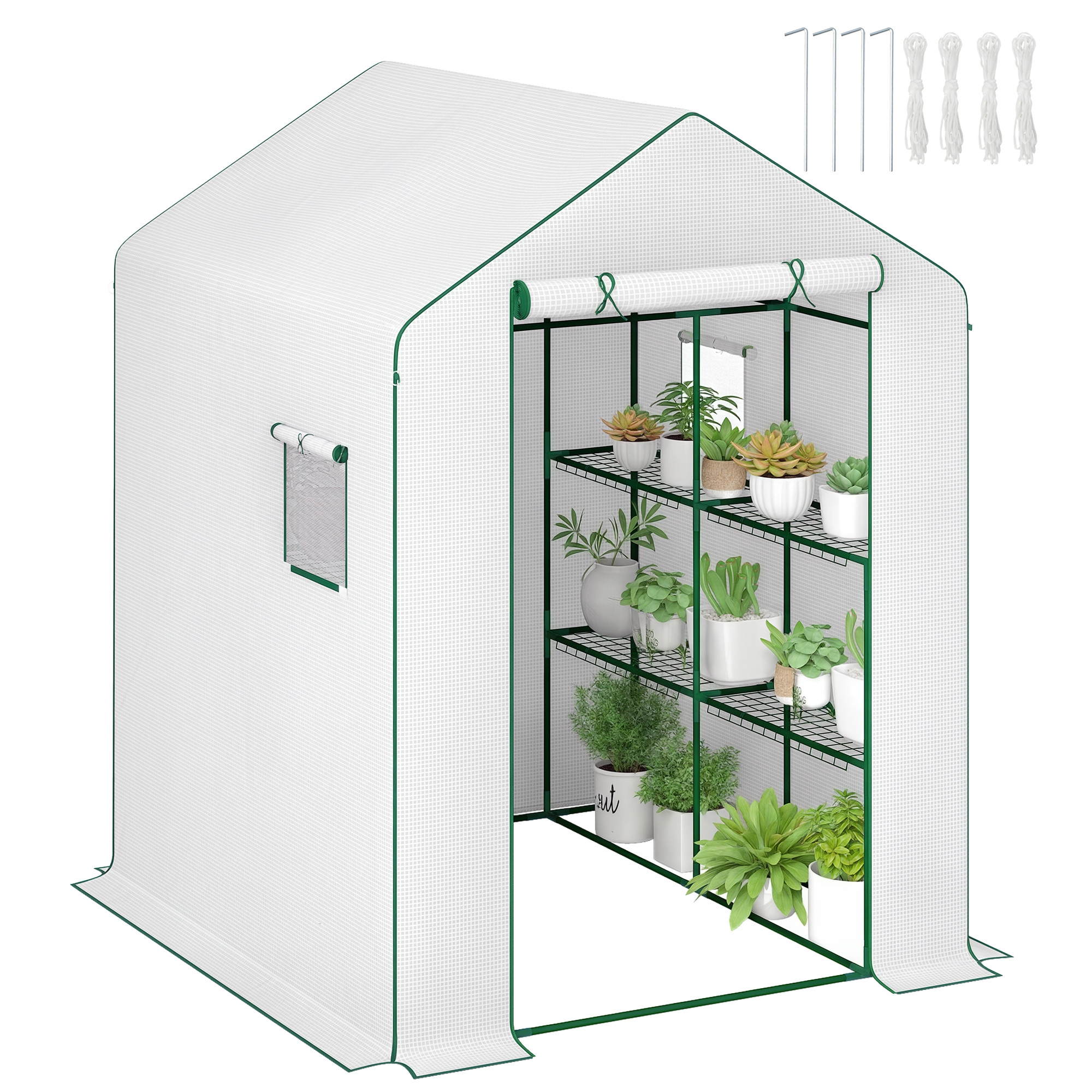 Outsunny Seră de grădină cu 1 ușă 2 ferestre rafturi 3 nivele pentru Legume Plante Flori Pânză PE 140 x 143 x 190 cm alb | Aosom Romania