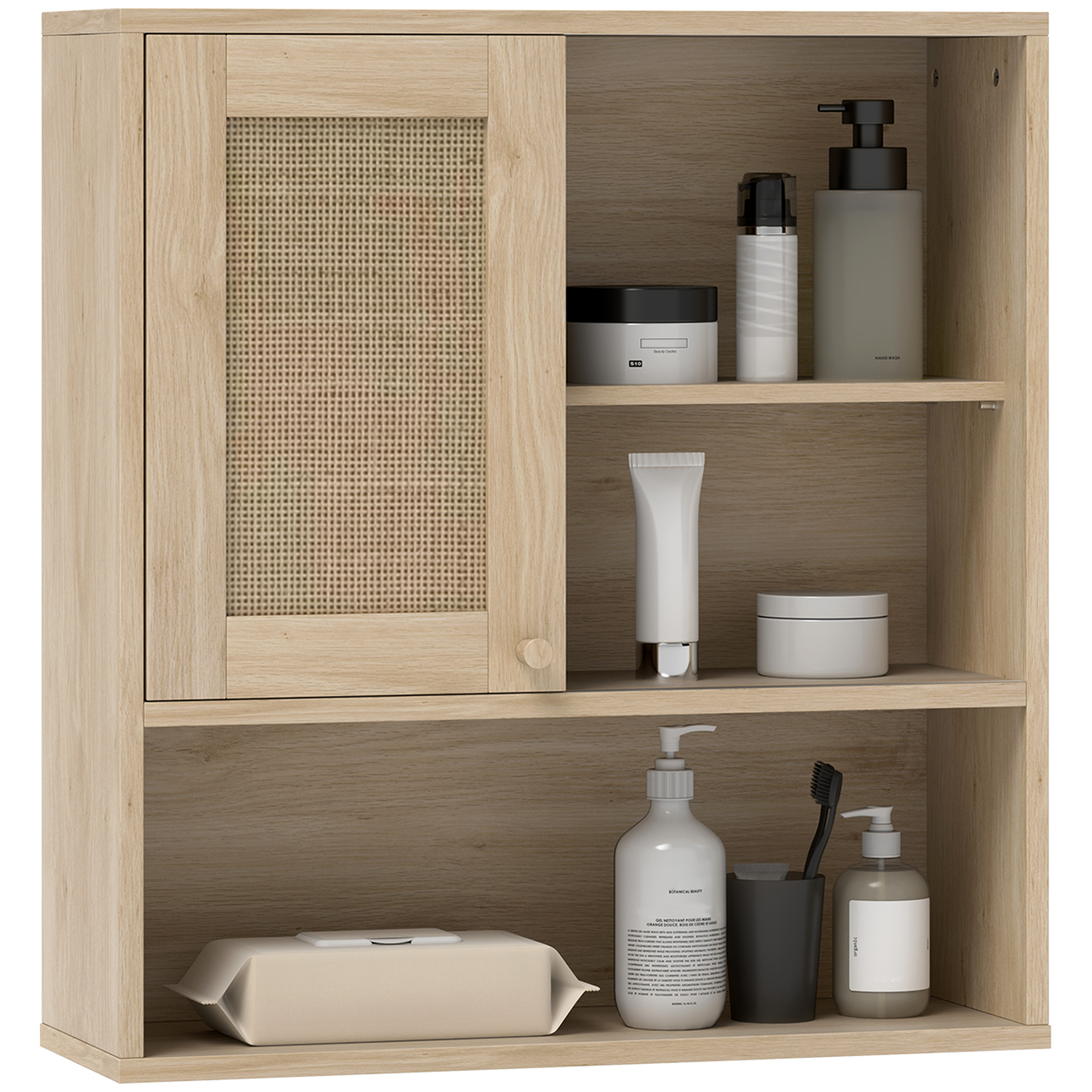 HOMCOM Armoire murale, mobilier suspensie baie cu ușă glisantă din răchită și rafturi deschise, lemn natural | Aosom Romania