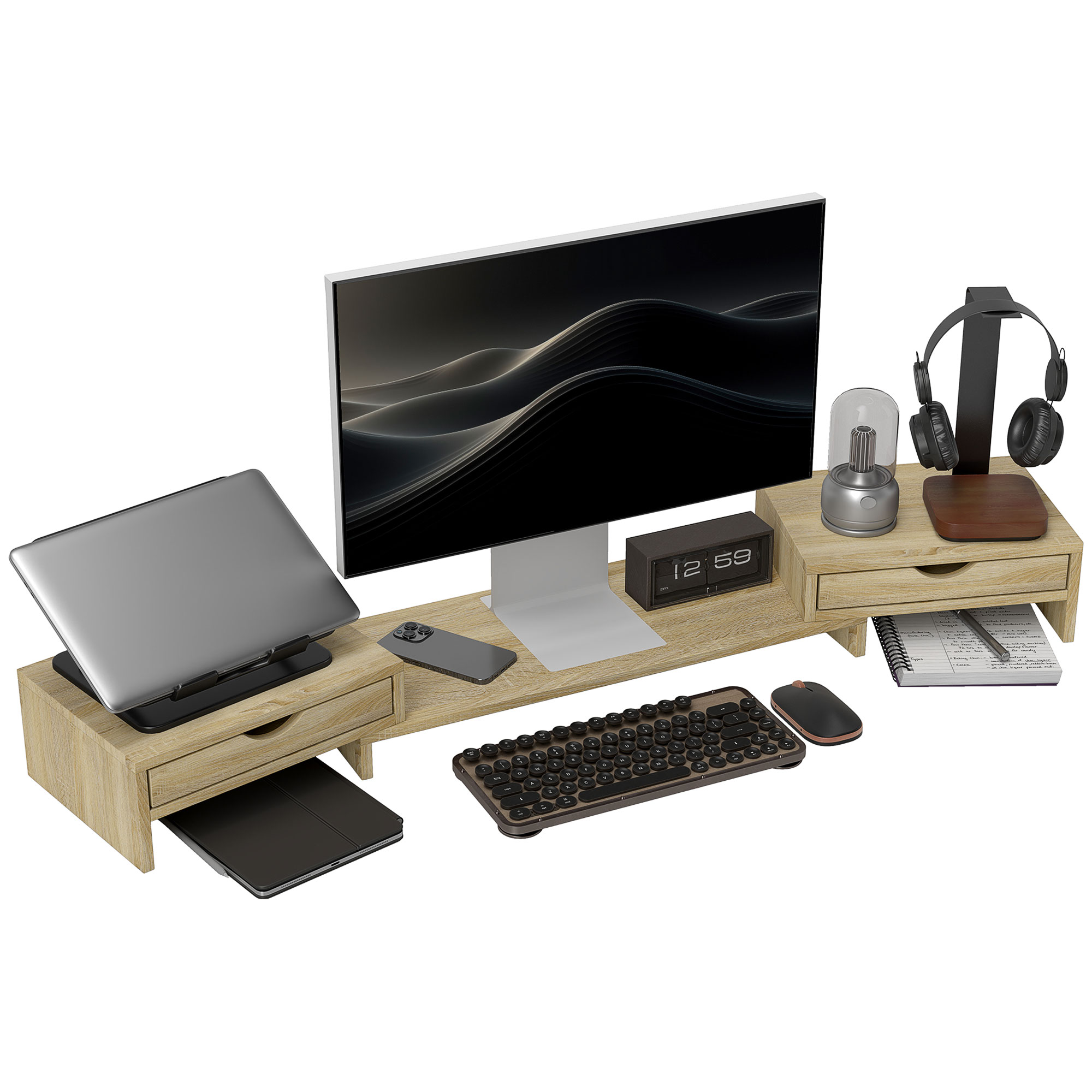HOMCOM Rehausseur écran PC bureau support d&#039;écran d&#039;ordinateur de 60-116 cm cu 2 sertare, lungime și unghi reglabil | Aosom Romania