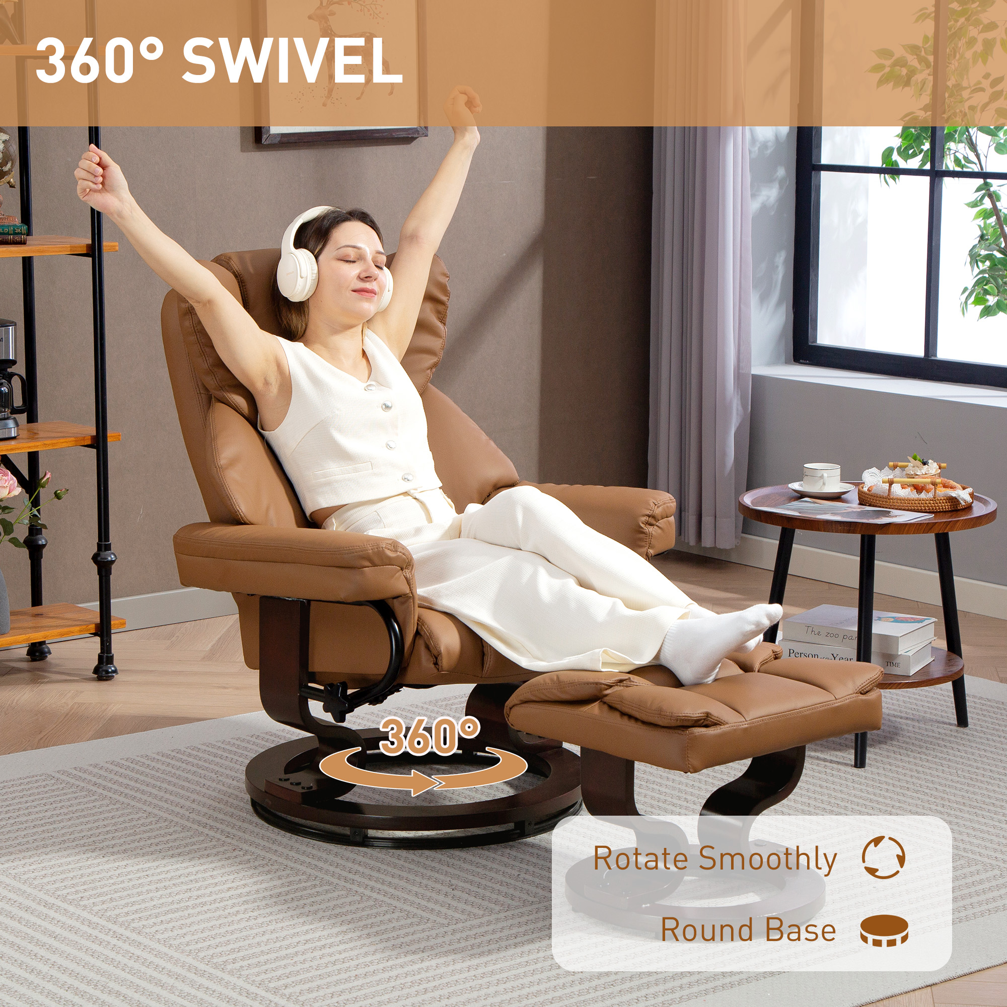 HOMCOM Faux Leather Reclining Chair and Footstool Brown 6