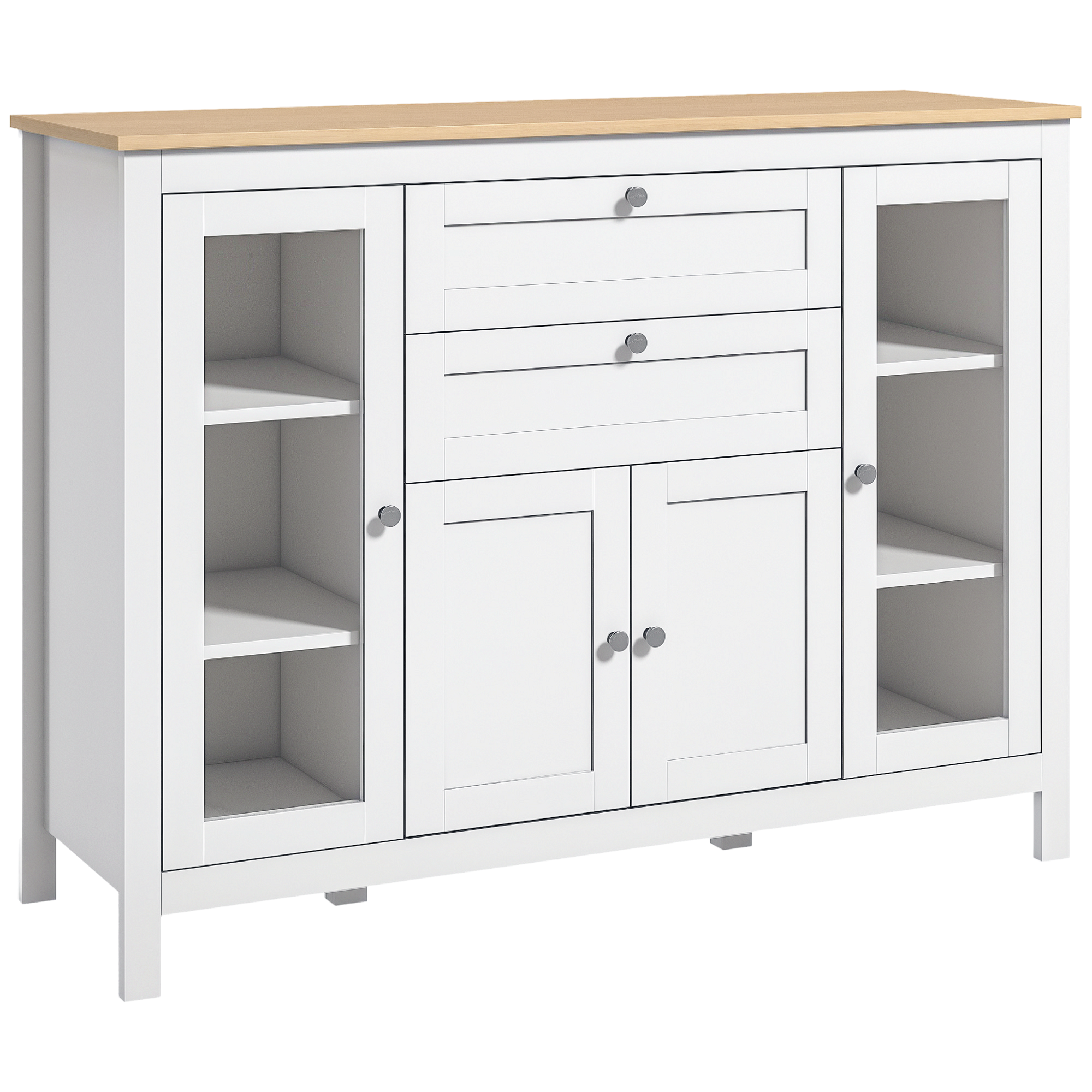 HOMCOM Bufet Săli de Mese cu 2 Uși din Sticlă, Mobilier cu Rafturi Reglabile 2 Sertare 1 Dulap, Stil Modern, 120 x 40 x 90 cm, Lemn Natural și Alb | Aosom Romania