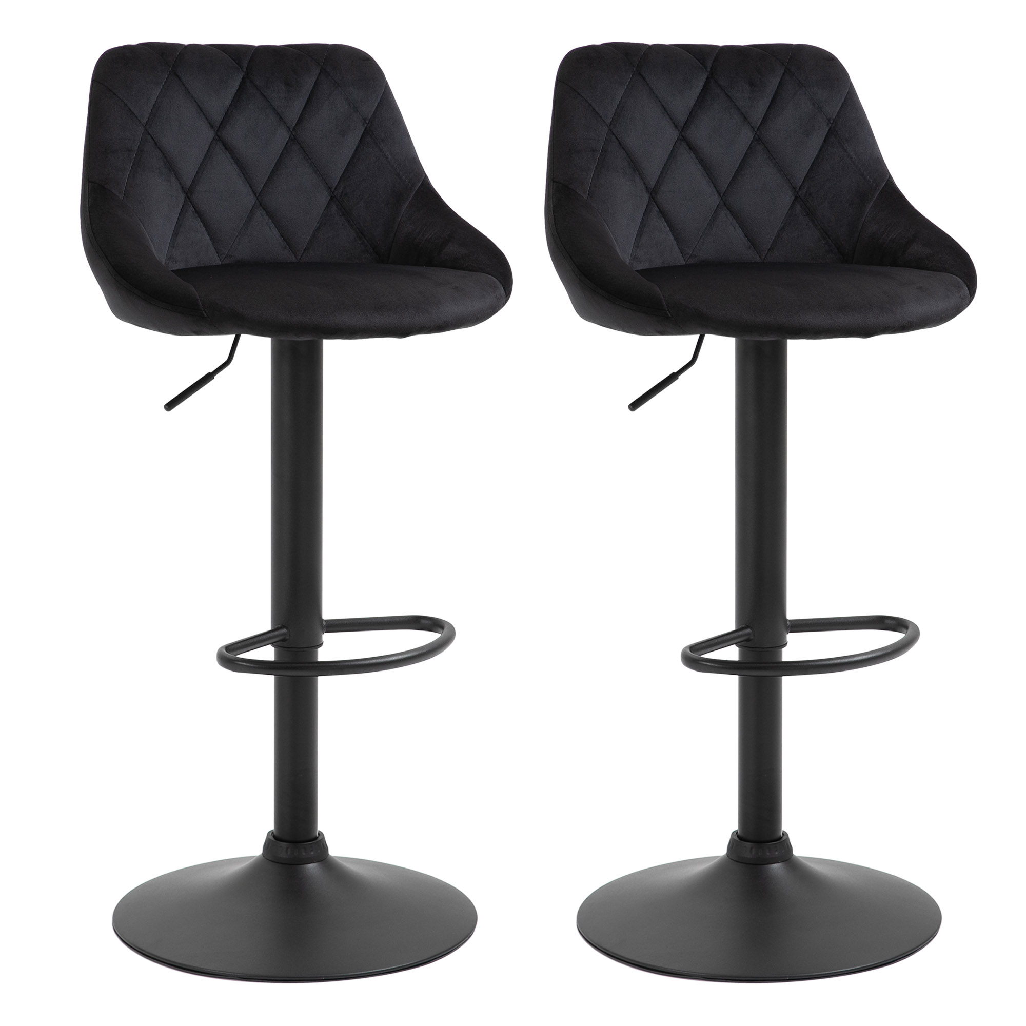 HOMCOM Set de 2 tabureți de bar cu spătar, aspect catifelat, cadru din oțel, scaune de bucătărie reglabile înălțime cu suport pentru picioare, rotative, taburet de bar, negru | Aosom Romania