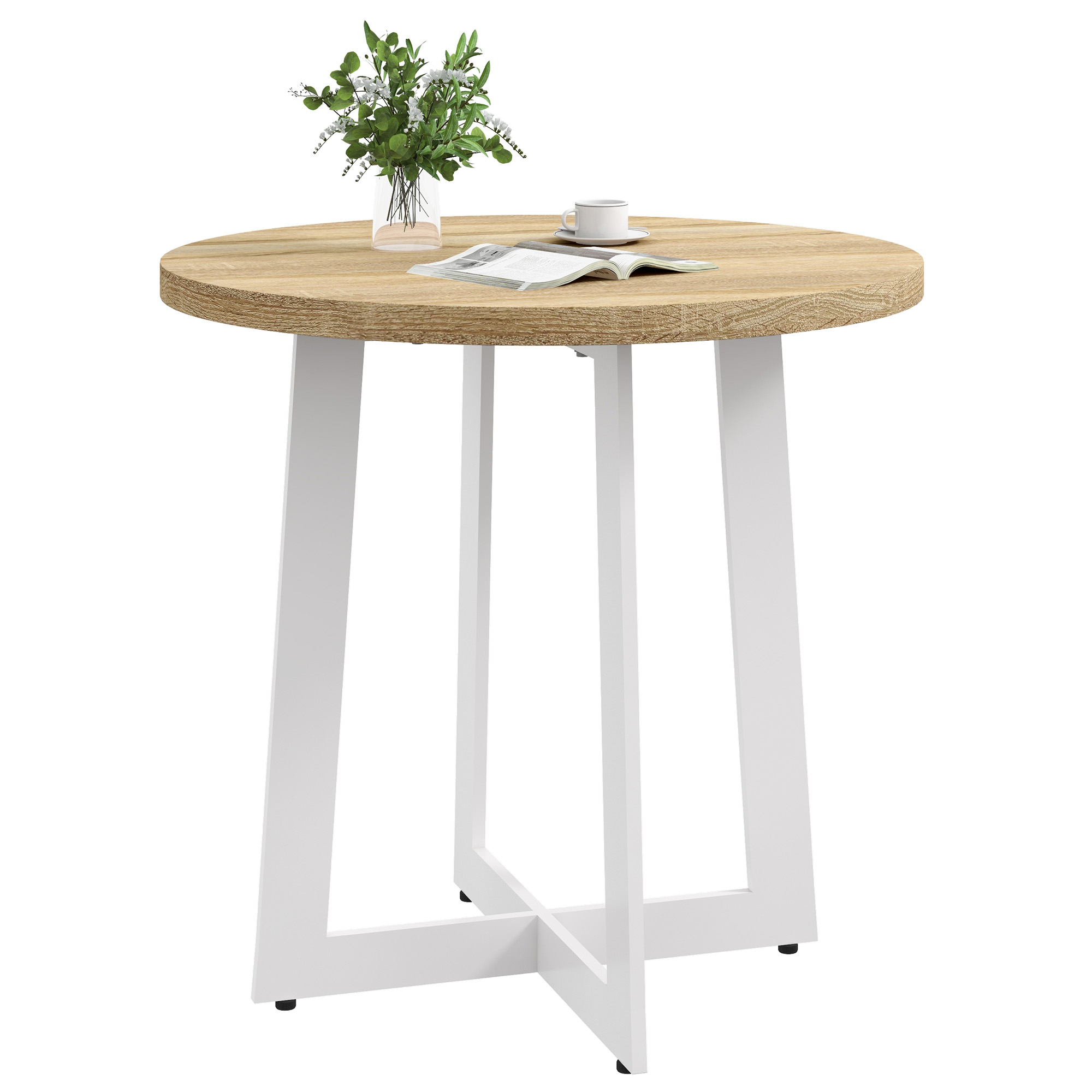 HOMCOM Masă de Dining Rotundă pentru 4 Persoane Masă de Bucătărie cu Blat de Lemn și Bază de Oțel Încrucișată Ø80x75 cm Stejar | Aosom Romania