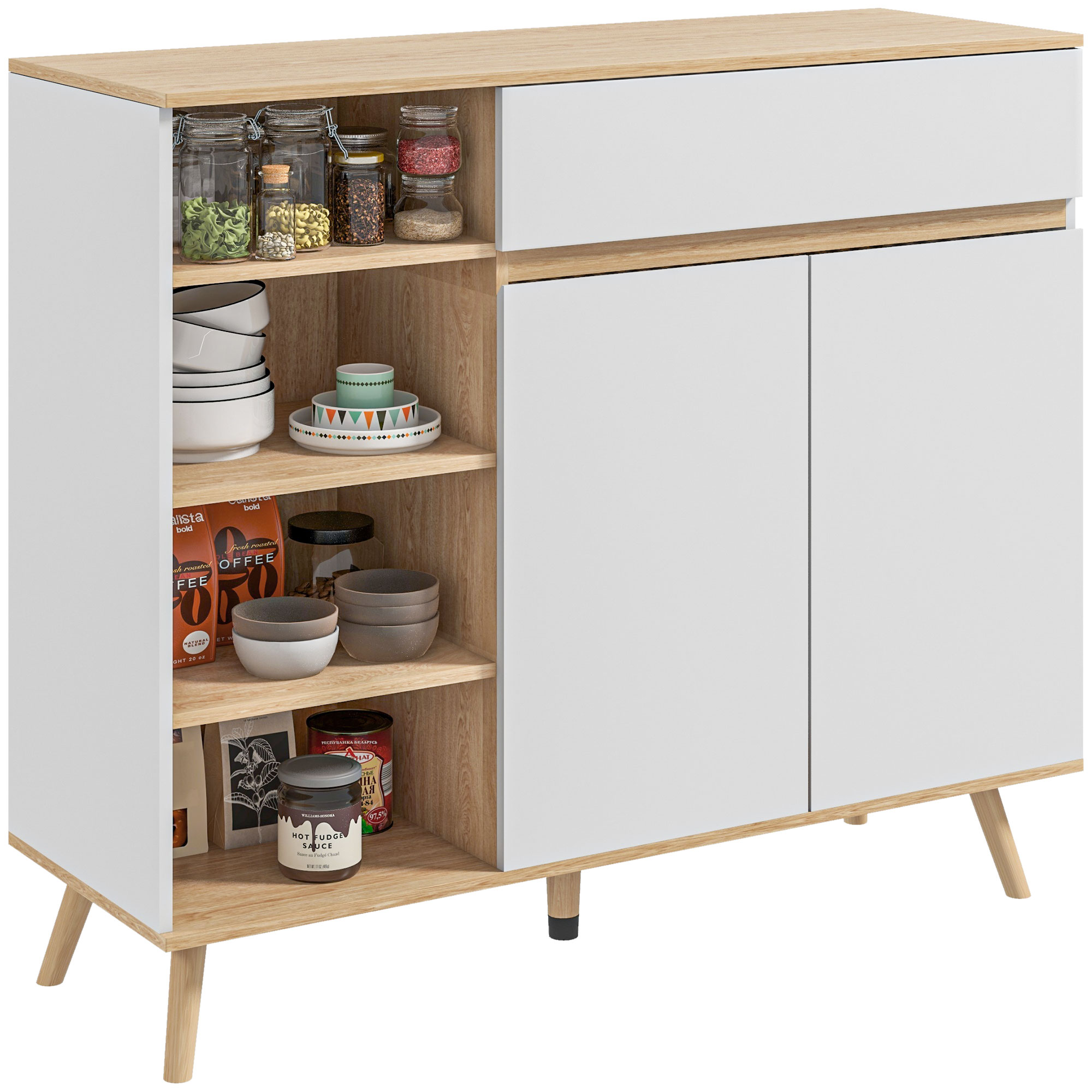 HOMCOM Bufet mobilier de depozitare bucătărie stil scandinav 1 placard dublă ușă 1 sertar și 4 nișe rafturi reglabile alb | Aosom Romania