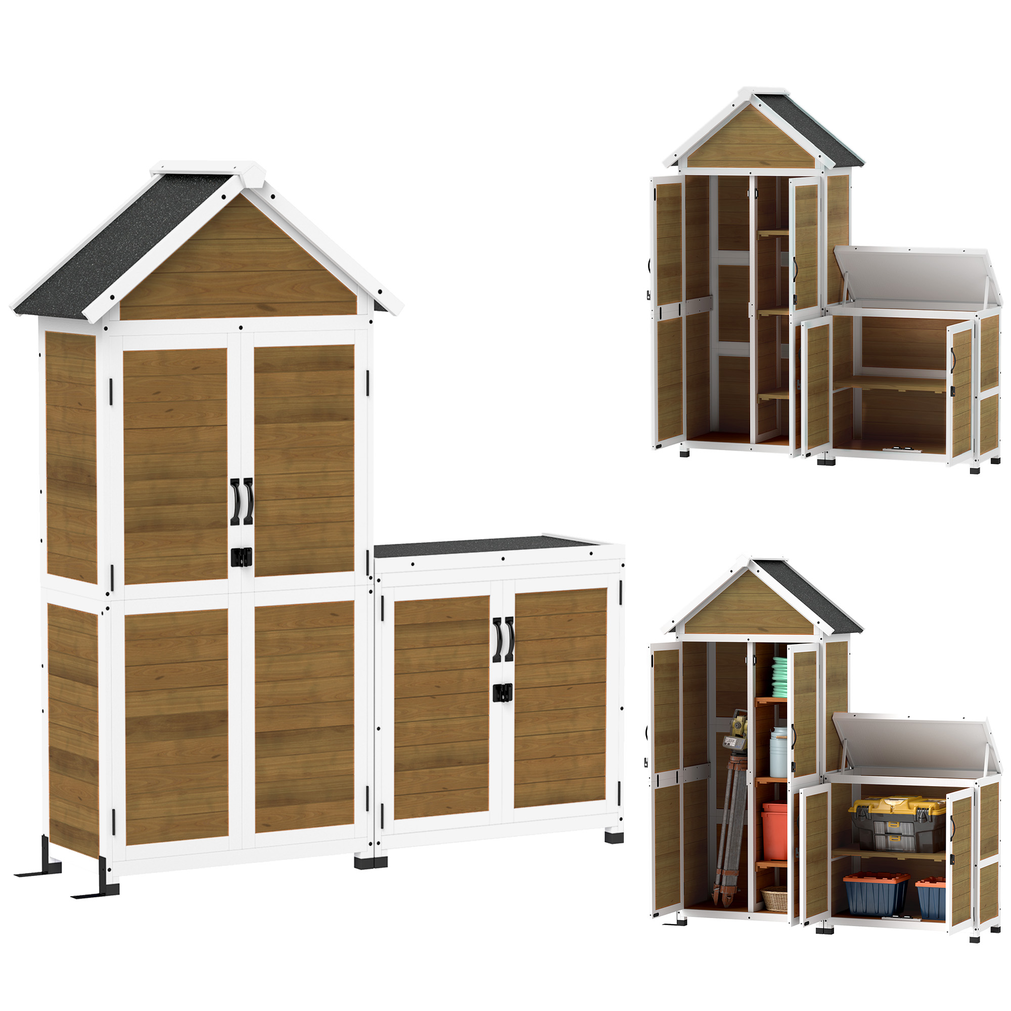 Outsunny Abri de jardin + armoire de rangement en bois cu toit incliné en asfalt rafturi și uși blochează natural | Aosom Romania