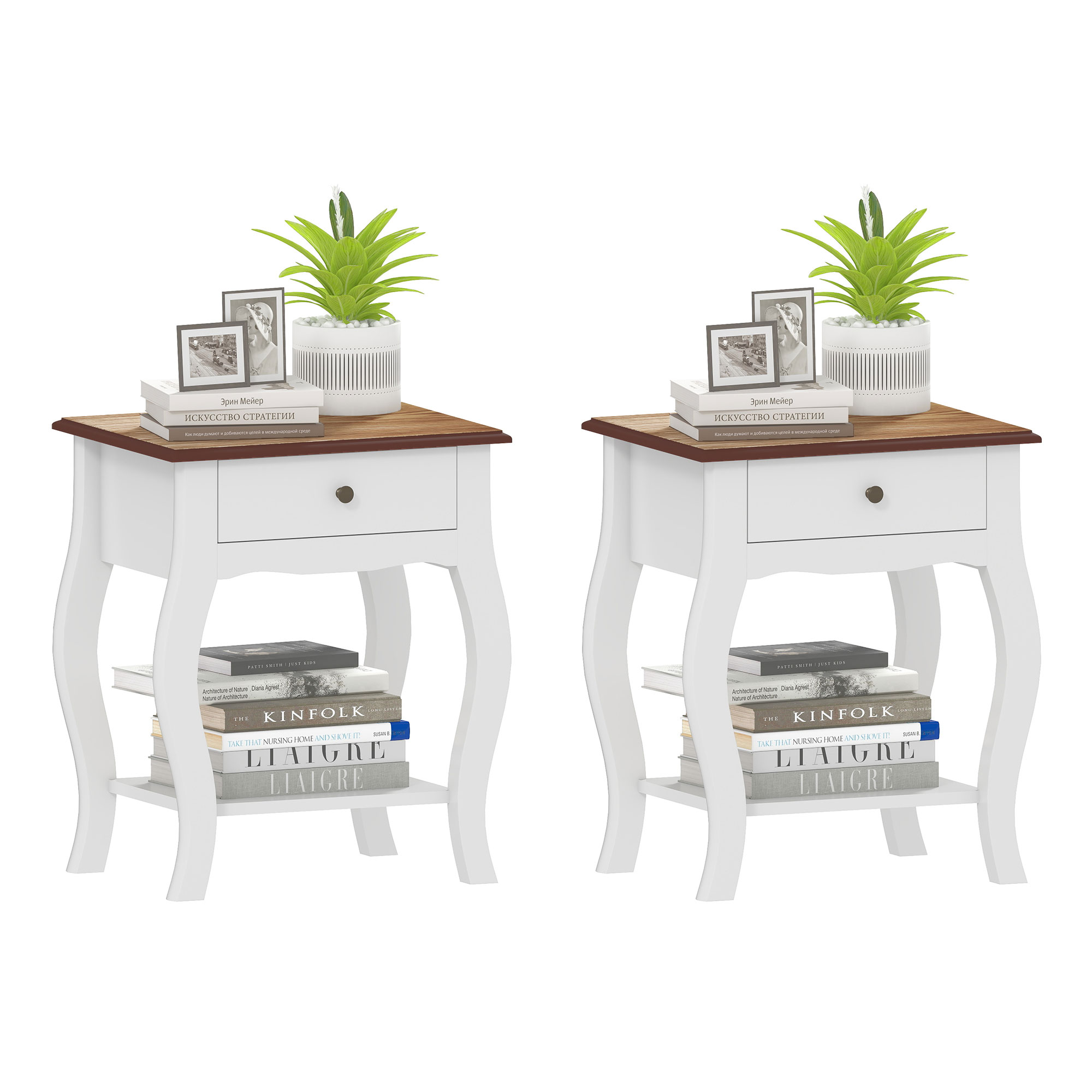 HOMCOM Set de 2 Noptiere cu Sertar Raft Deschis și Blat cu Efect de Stejar Stil Francez 45x35x55 cm Alb și Stejar | Aosom Romania