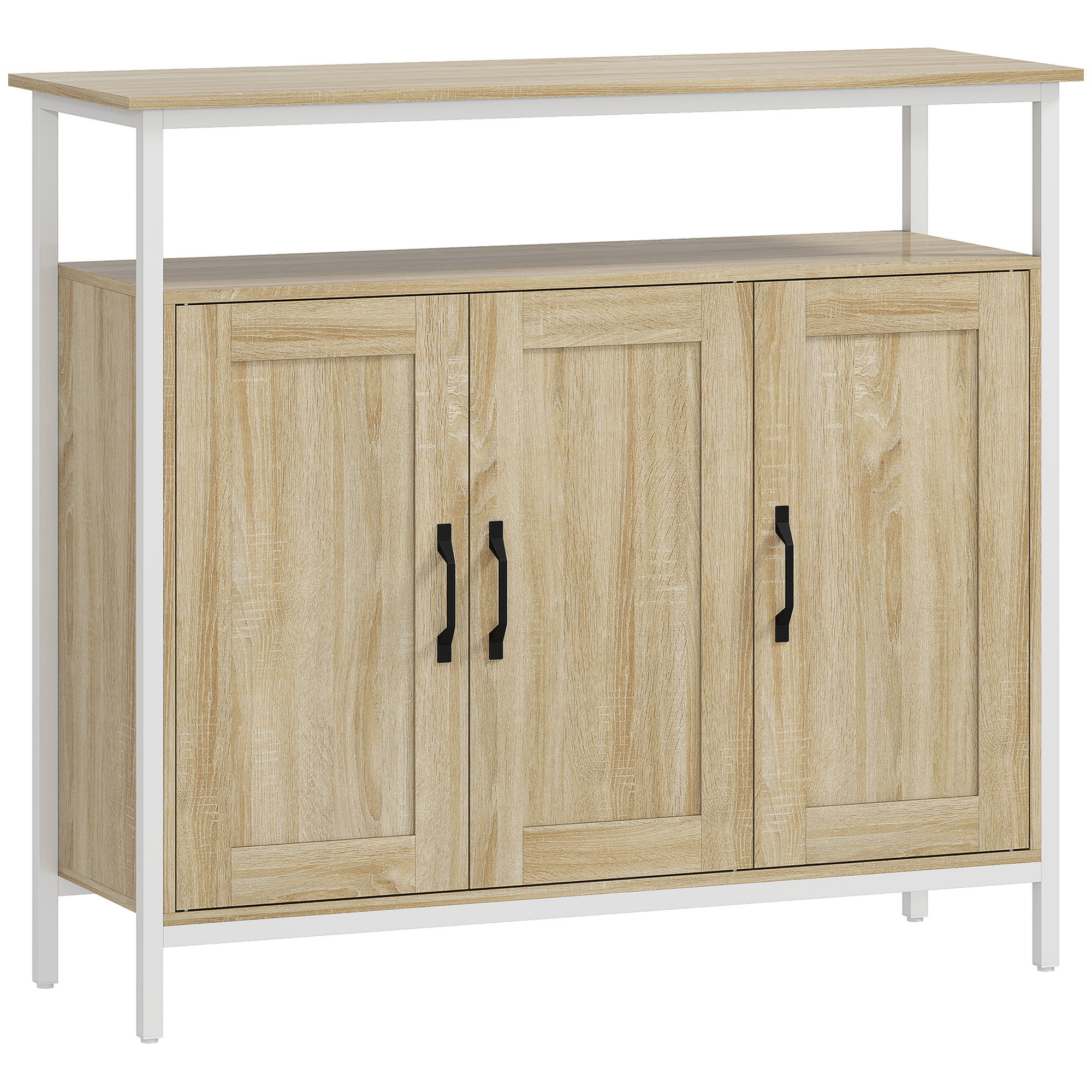 Buffet, meuble de rangement avec 3 portes, compartiment ouvert et 4 étagères réglables, bois naturel