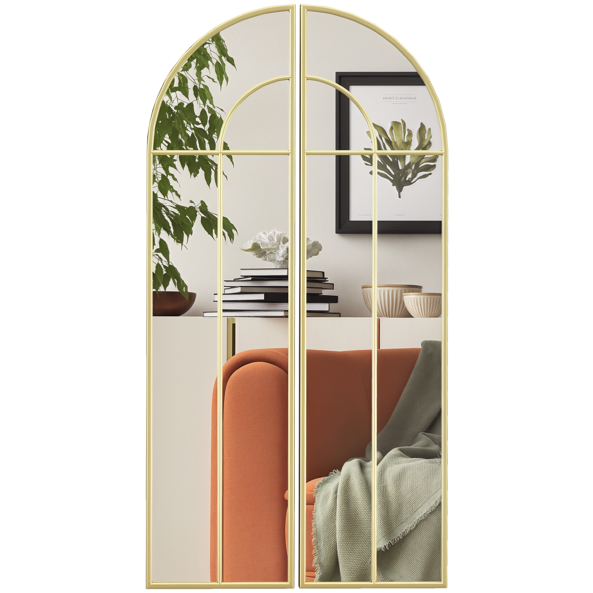 HOMCOM Miroir mural arc 30 x 120 cm, mare miroir decorativ cu ramă metalică, pentru living, cameră, hol, nuanță auriu | Aosom Romania