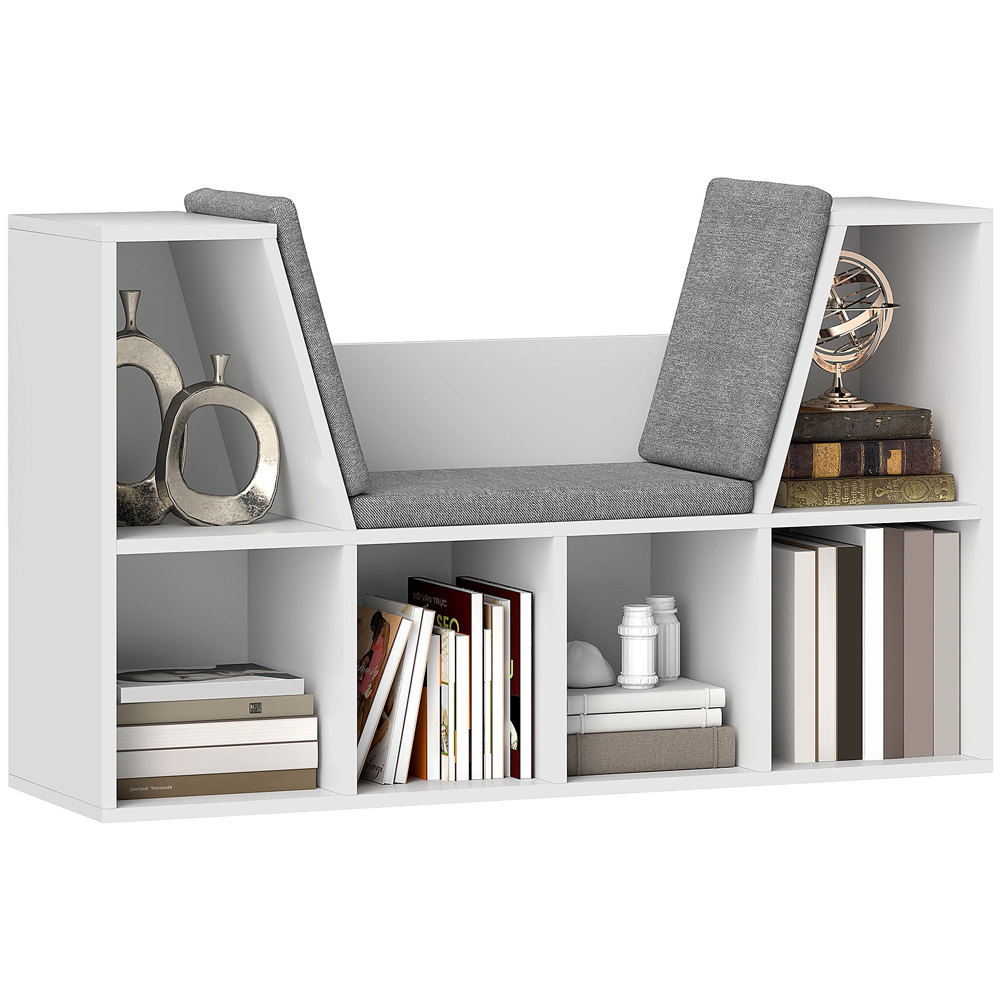 HOMCOM Bibliotecă cu loc de șezut, 6 rafturi, căptușit, 105 x 30 x 63 cm, alb | Aosom Romania