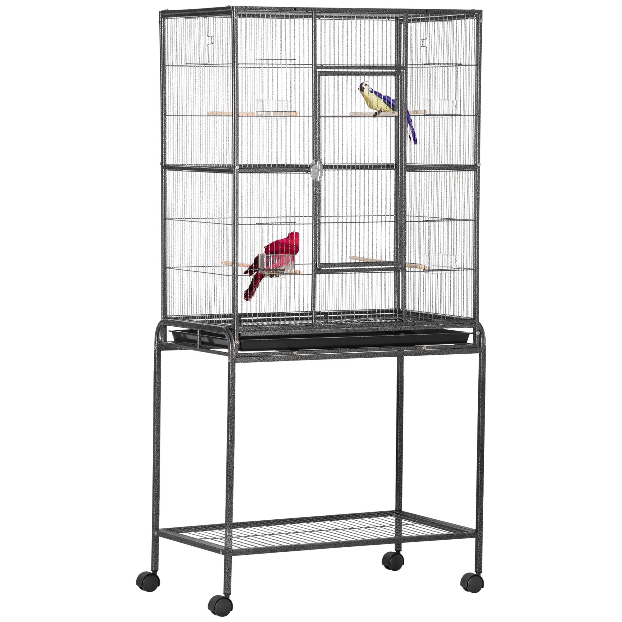 PawHut Colivie pentru Păsări Portabilă cu 4 Mânjitoare și 4 Bățuri Practică 77 x 47 x 163 cm Negru și Gri | Aosom Romania