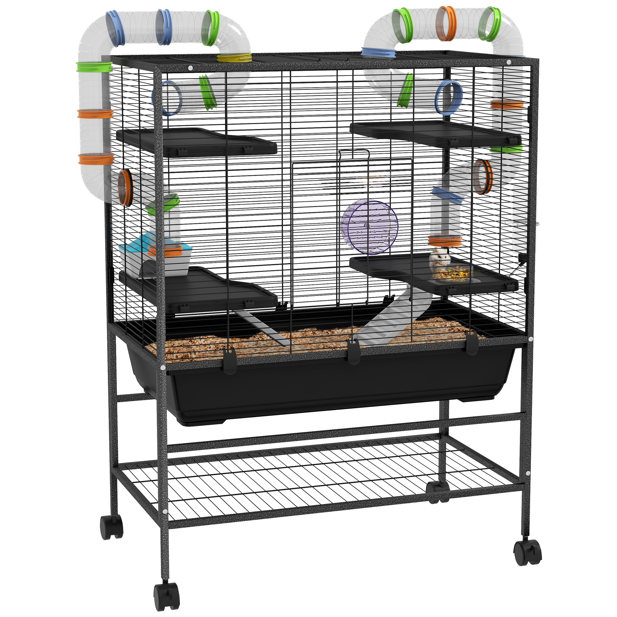 PawHut Cușcă pentru hamsteri cu tuburi, roată de alergare, casă, recipient pentru apă, 109 x 82 x 46 cm, Negru | Aosom Romania