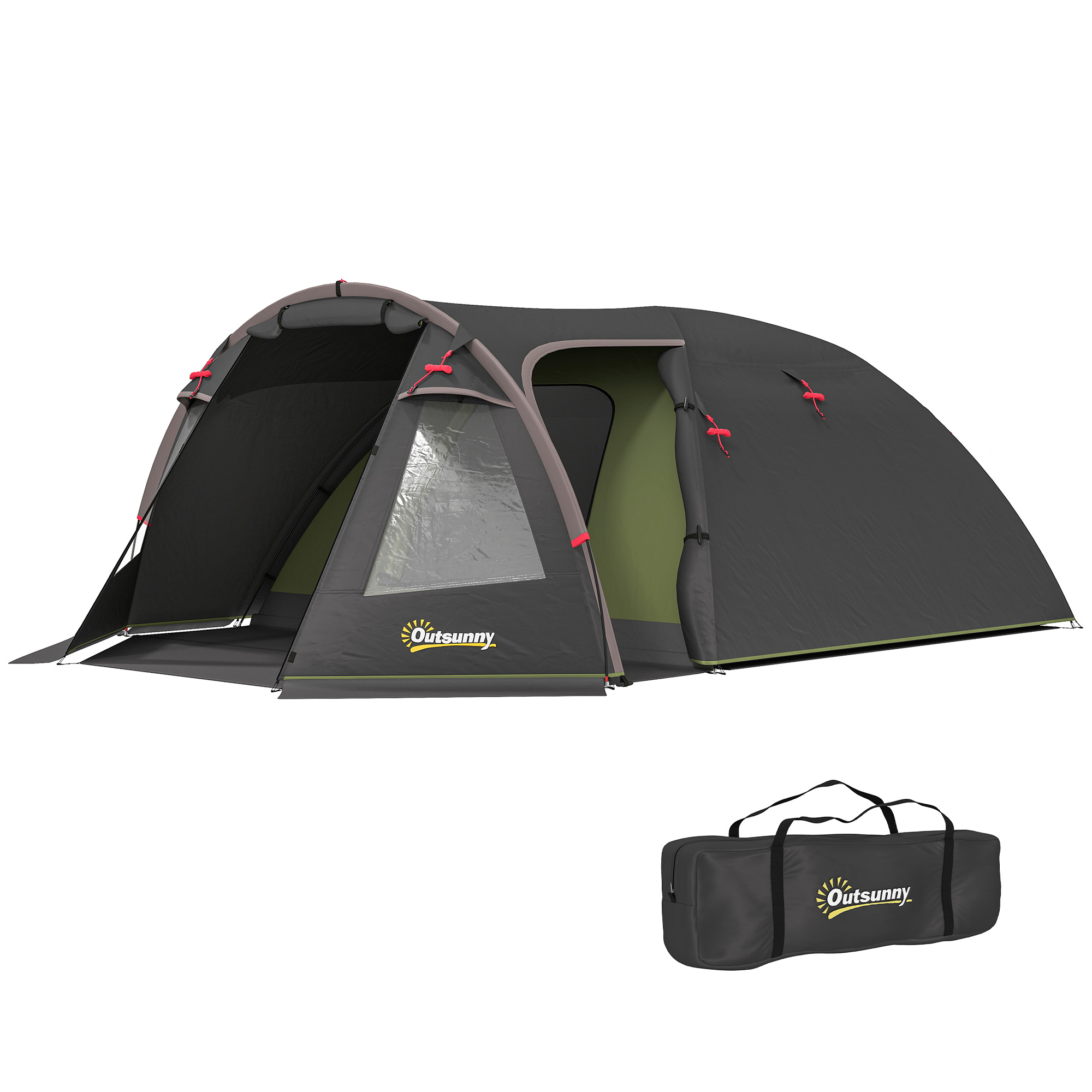 Outsunny Cort de camping familial pentru 2-4 persoane, cort tunel impermeabil 3000 mm 3 uși, 3,6 x 2,5 x 1,3 m, negru | Aosom Romania