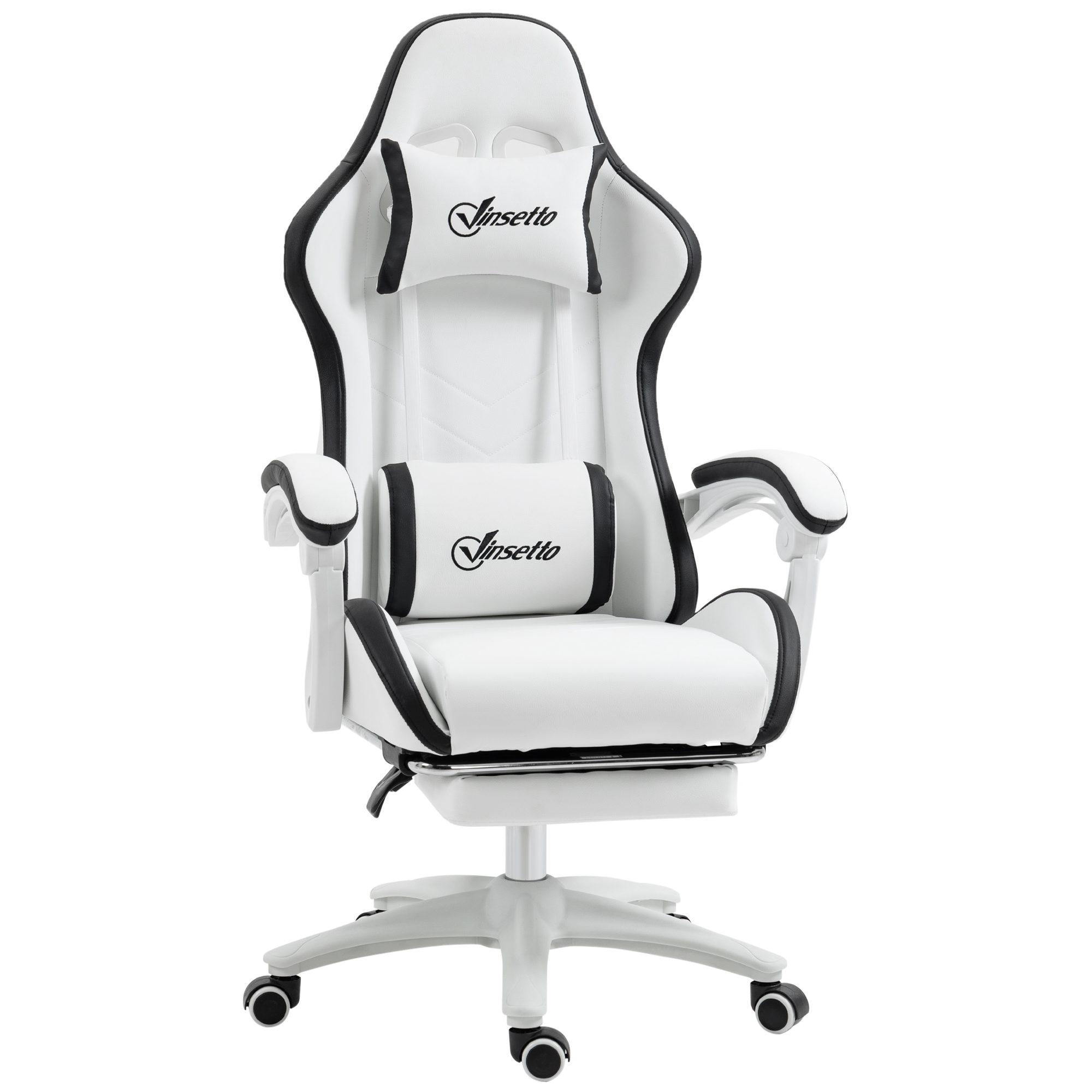 Vinsetto Scaun gaming scaun gaming cu spătar inclinabil la 135°, suport pentru cap și repose-pieds 65l x 65L x 121-129H cm alb și negru | Aosom Romania