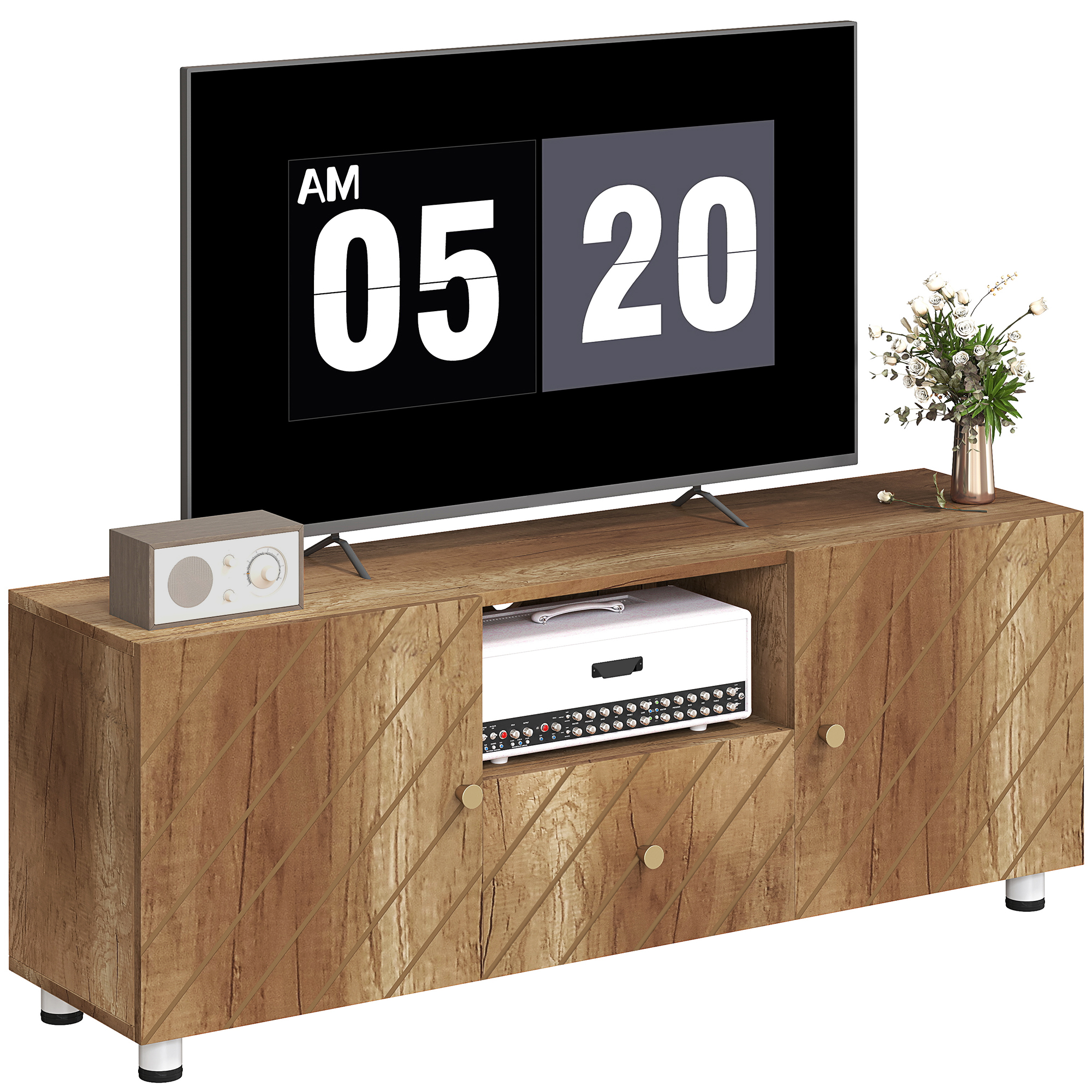 HOMCOM Televizor mobilier pentru televizoare de pana la 50 de inch cu 2 dulapuri si compartiment deschis si sertar, lemn natural | Aosom Romania