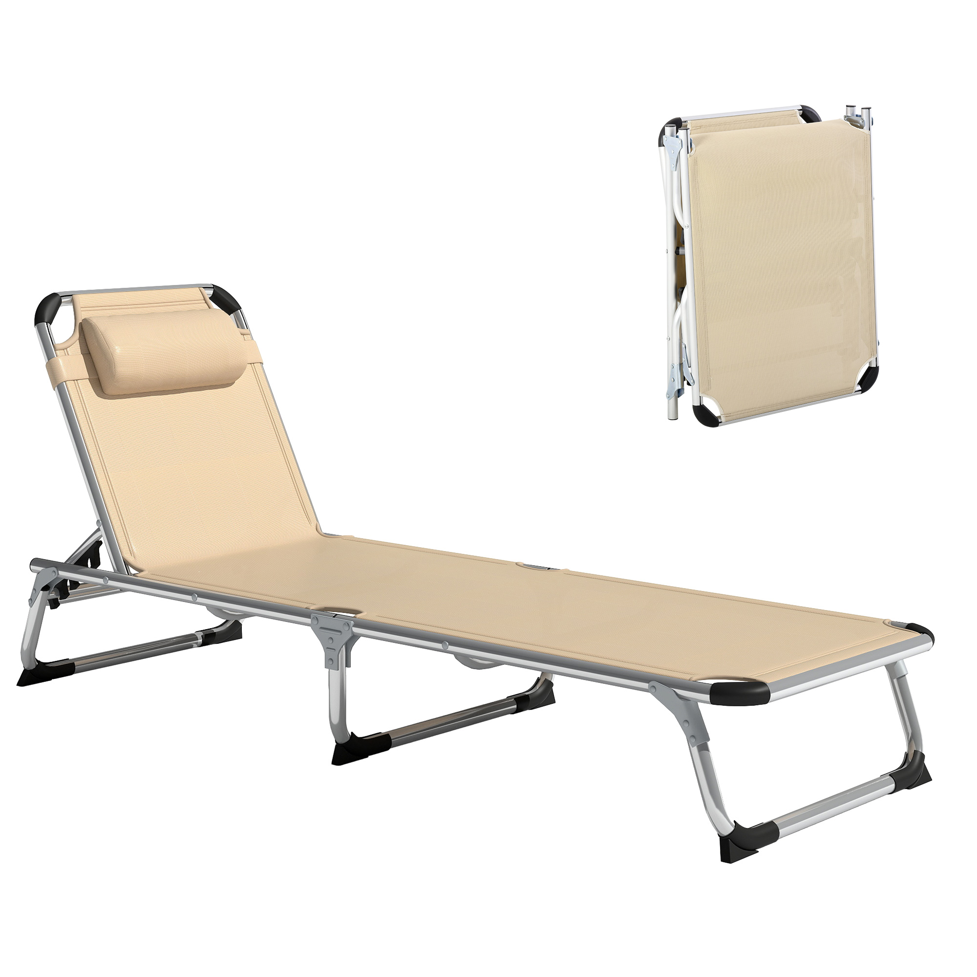 Outsunny Șezlong de plajă, chaise longue pliante cu suport pentru cap, spătar reglabil, aluminiu și textilene, bej | Aosom Romania
