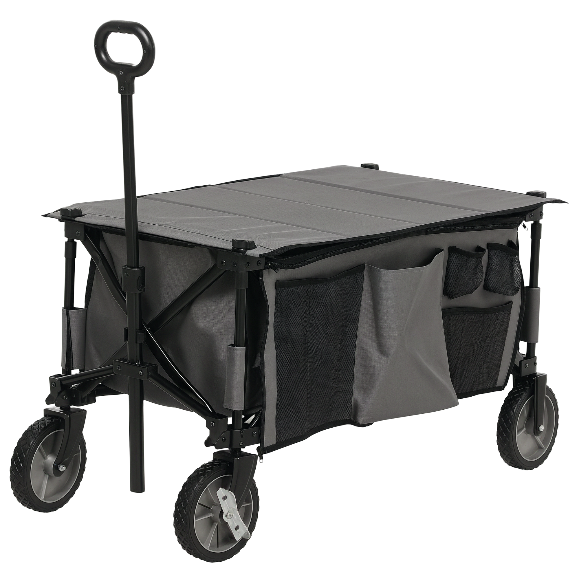 Outsunny Cărucior de grădină pliabil băscuță detașabilă mâner telescopic înclinare reglabilă 5 buzunare 108 x 55 x 93 cm gri închis | Aosom Romania