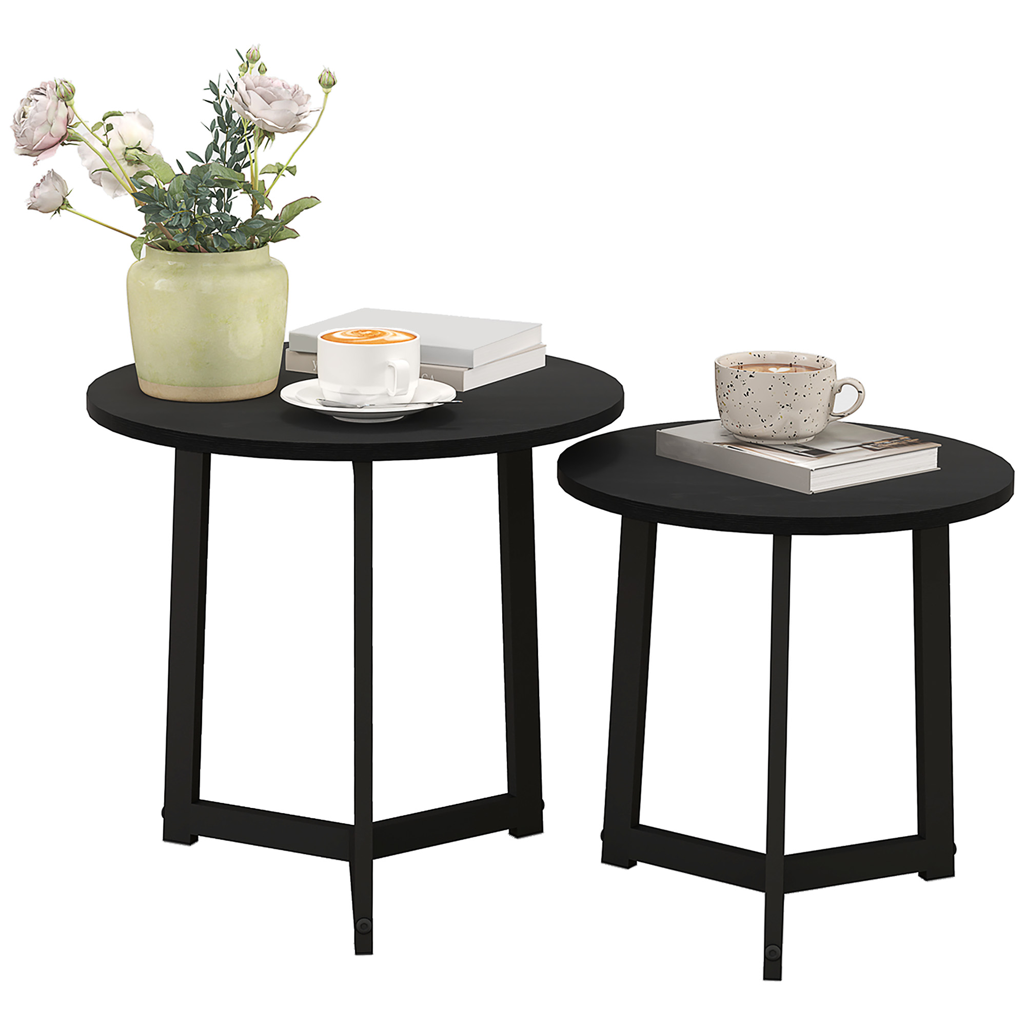HOMCOM Set modern de mese de cafea, Cadru de Oțel, MDF, Design Rotund, suprapozabil, Negru | Aosom Romania