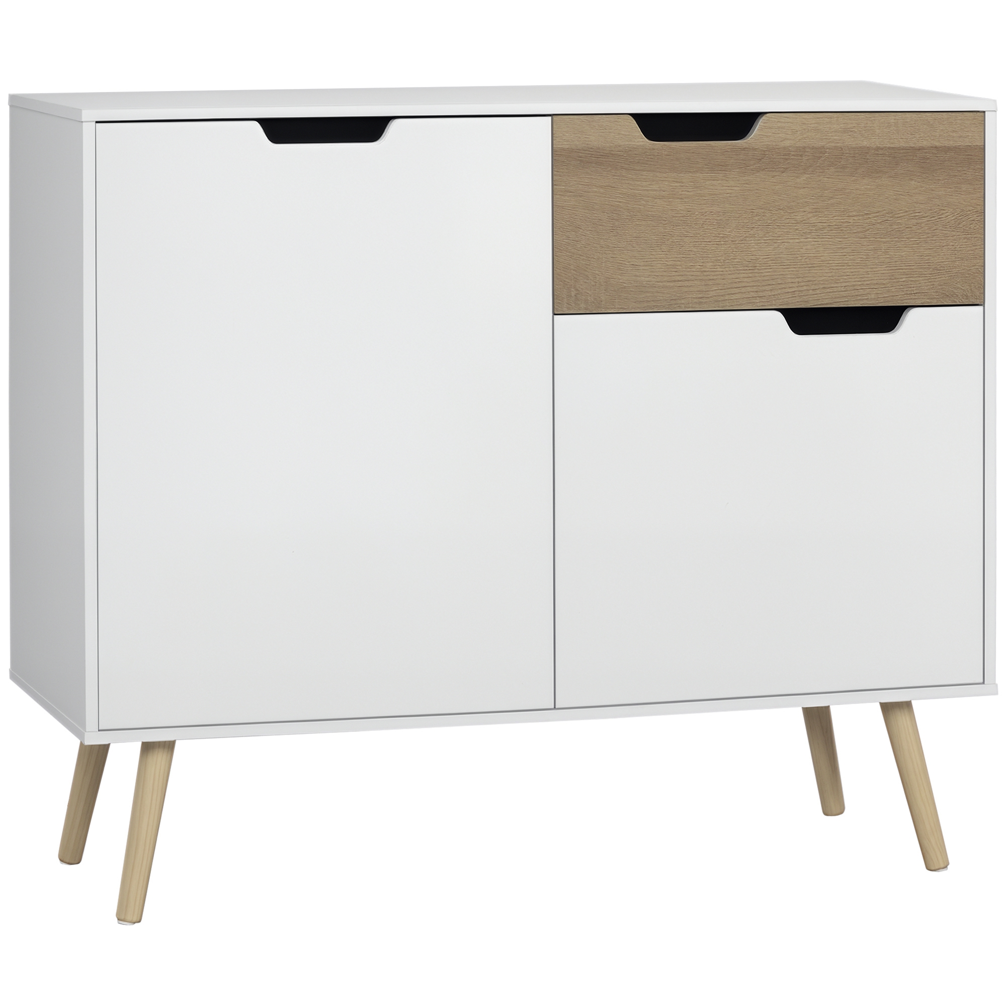 HOMCOM Bufet Mobilier de depozitare pe picior de tip scandinav cu dulapuri pentru Baie, sufragerie, Bucătărie, Picioare din lemn masiv de pin - Alb - dim. 98L x 39l x 81.5H cm | Aosom Romania