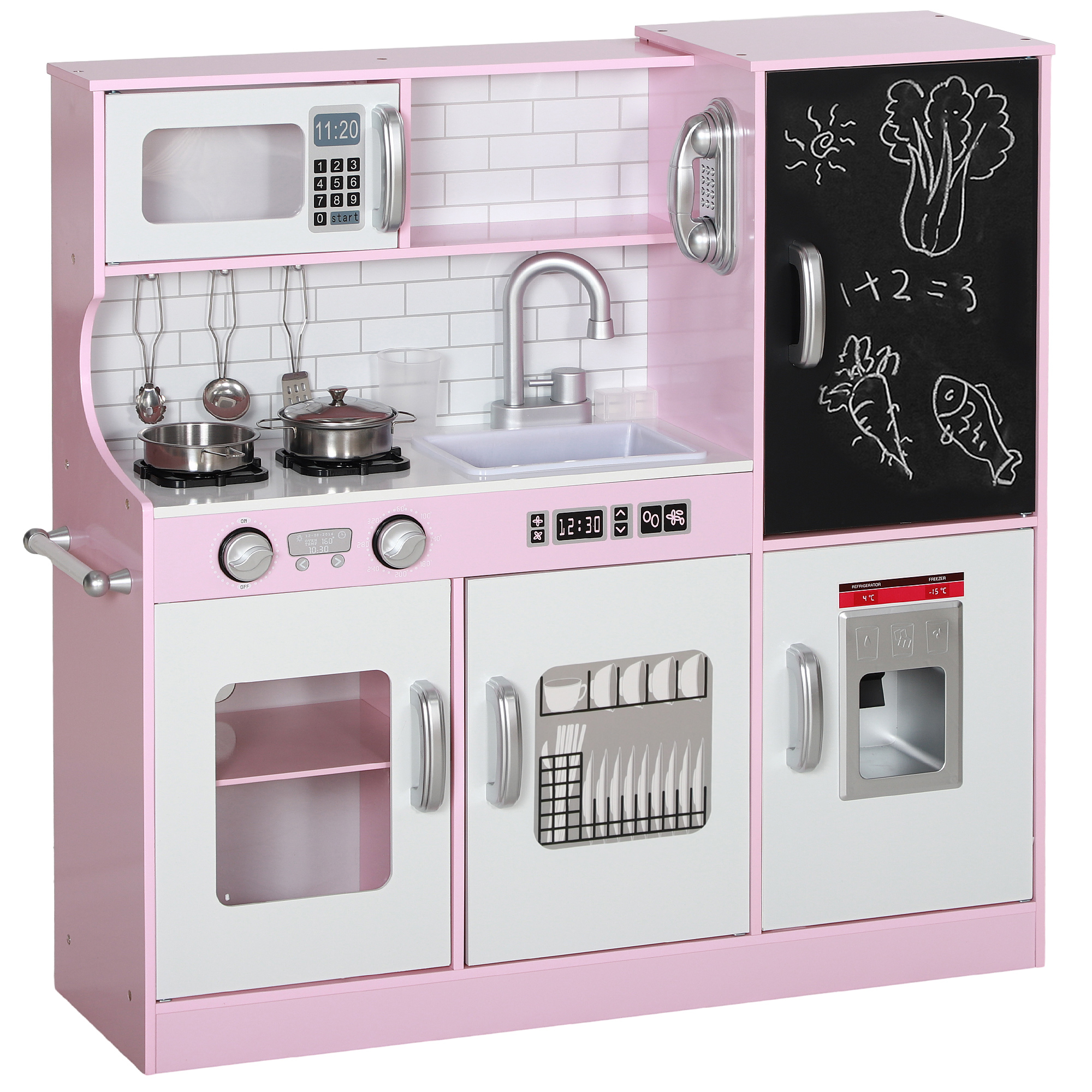 AIYAPLAY Set de bucătărie pentru copii cu oale, tablă, telefon, mașină de gheață, cuptor, 83,8 x 26,8 x 81 cm, Roz | Aosom Romania