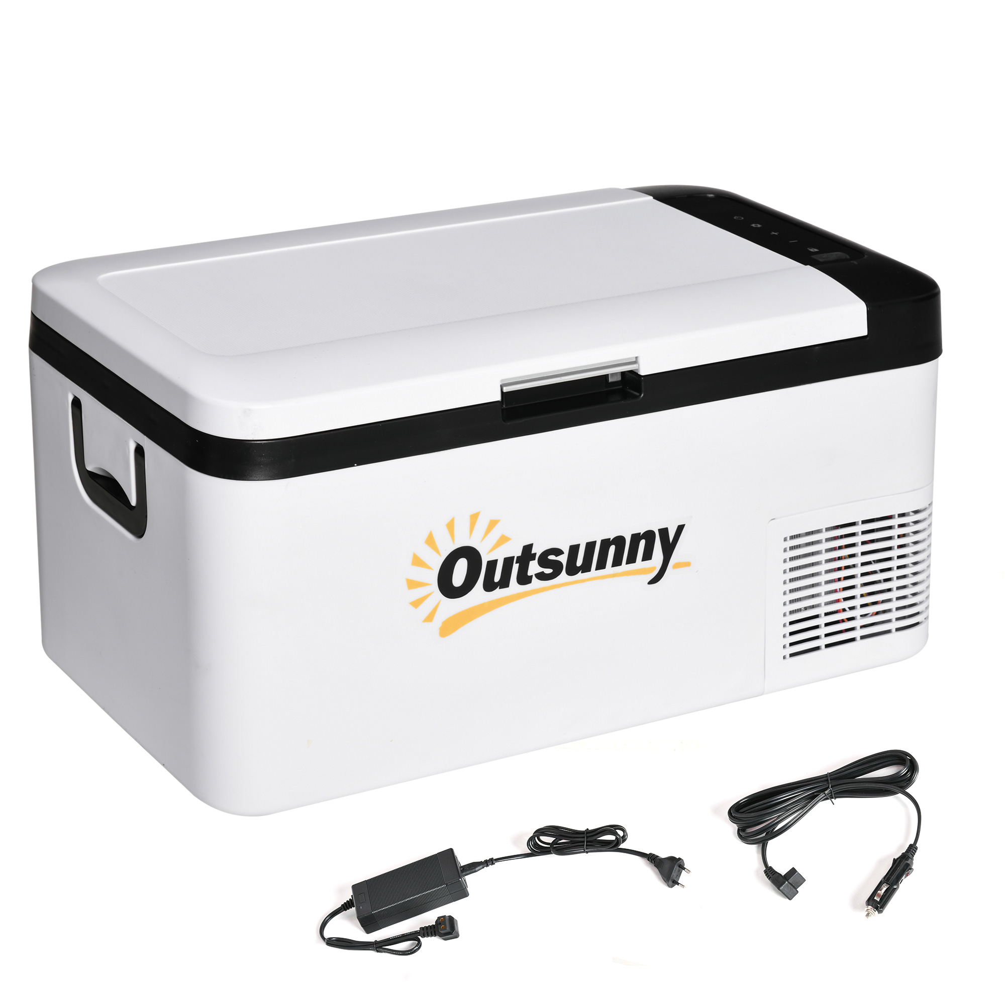 Outsunny Frigider Portabil Electric 18L 12/24V până la -20℃ Frigider și Congelator de Compresor pentru Mașină cu Lumină LED și Mânere Pliabile Consum Redus de Energie pentru Acasă Camping 58,5x33,5x29,2 cm Alb | Aosom Romania