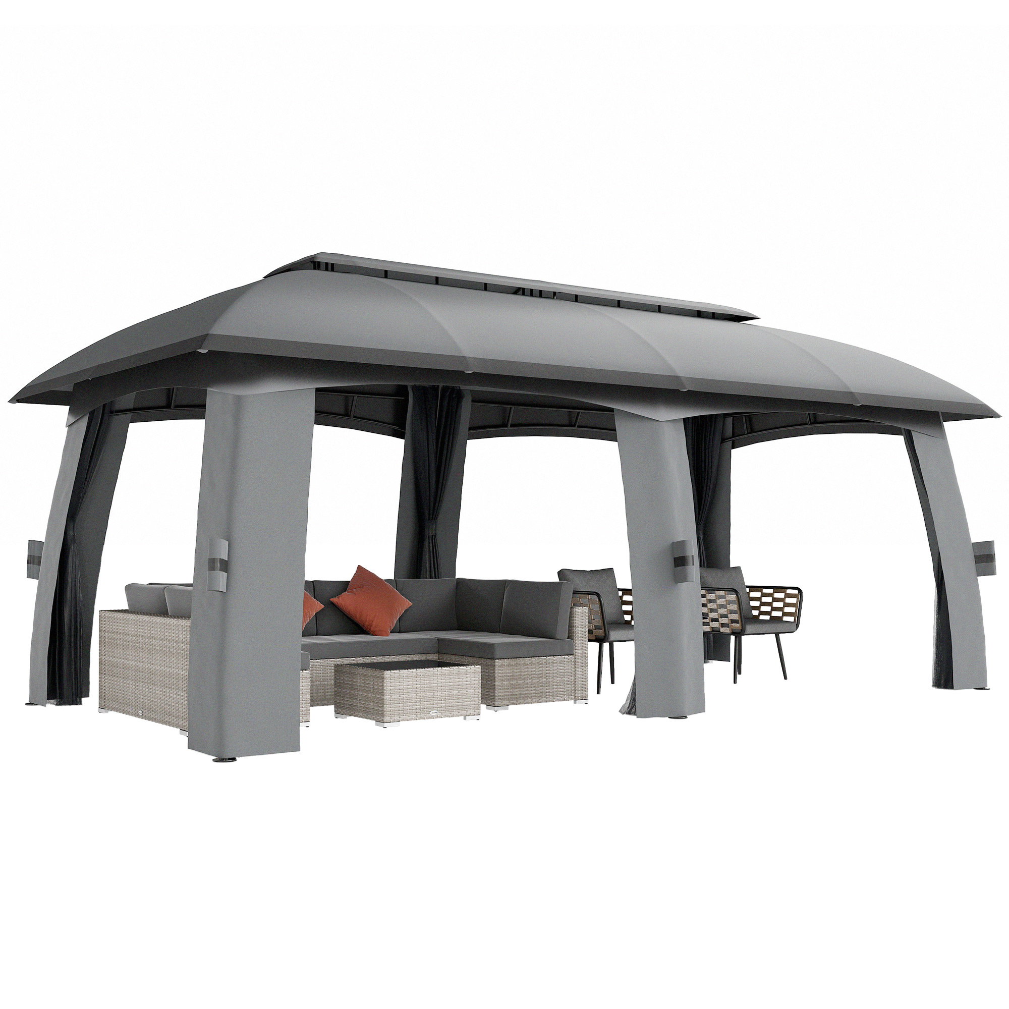 Outsunny Pavilion, Cort de petreceri, cu plase anti-insecte, plafon rezistent la vânt, pentru până la 15 persoane, gri închis, 3 x 6 x 3 m | Aosom Romania