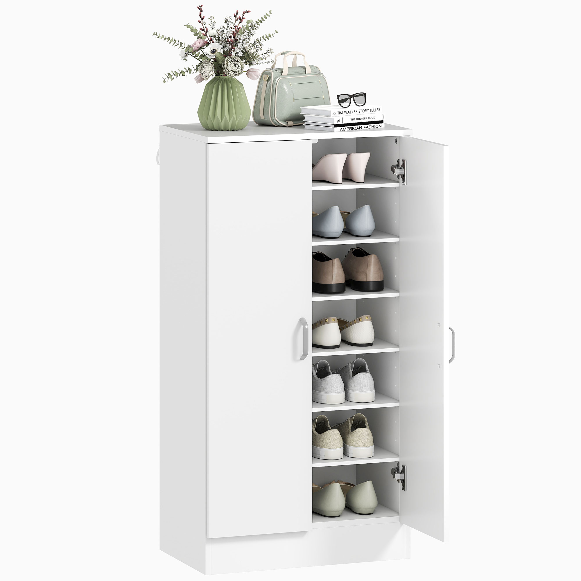 HOMCOM Raft de pantofi cu balamale Soft-Close, rafturi reglabile, dulap de 6 nivele pentru hol, intrare, pentru 14 perechi, 55 x 35 x 108 cm, placaj, Alb | Aosom Romania