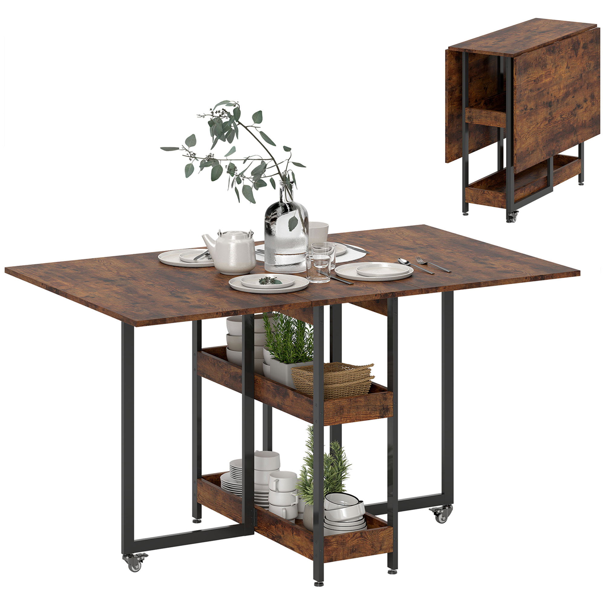 HOMCOM Masă de Dining Extensibilă în stil industrial, pentru până la 4 persoane, rafturi deschise, flexibilă, Metal, Placă de melamină, Maroniu | Aosom Romania
