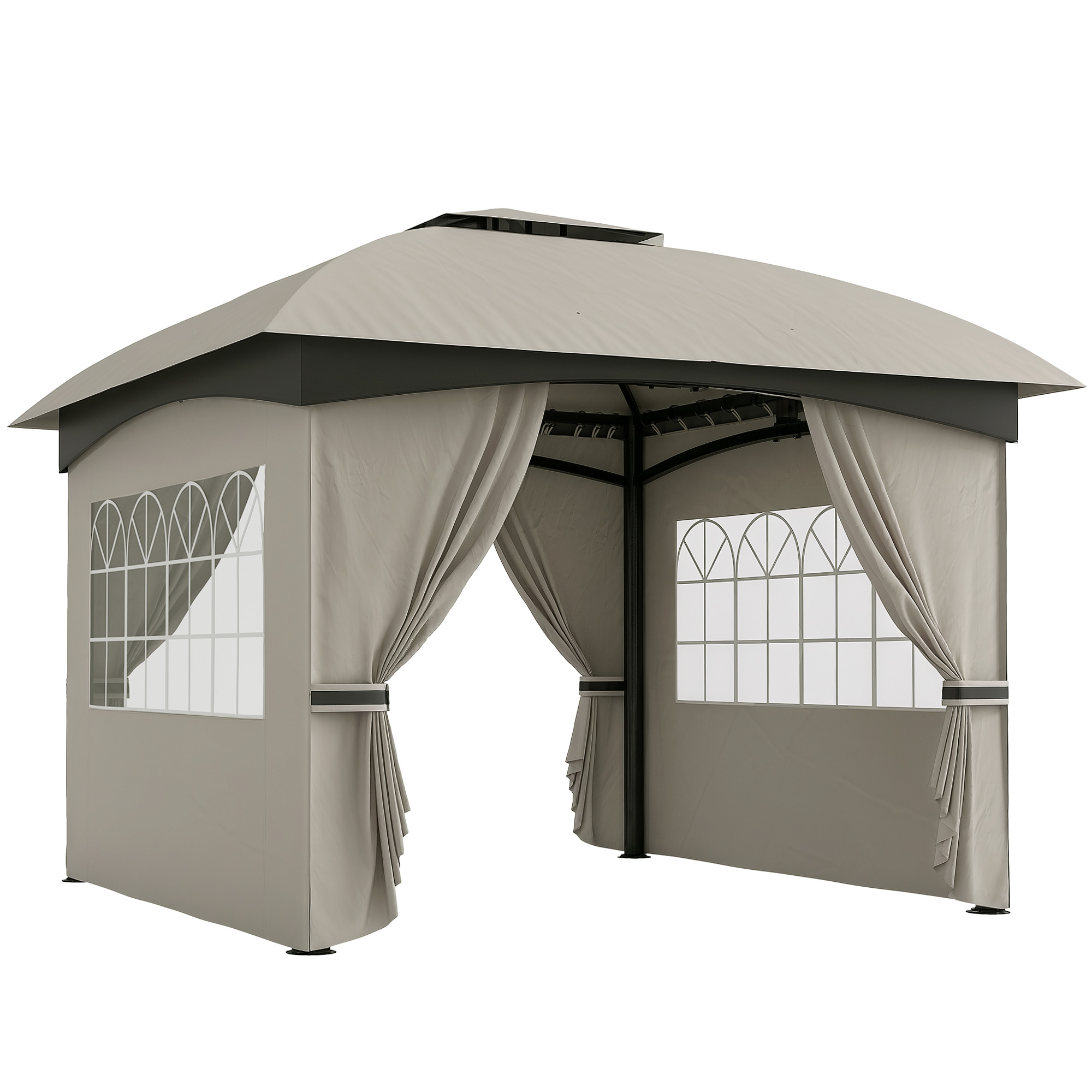 Outsunny Pavilion de grădină 3,4 x 3,4 m, Cort de bere cu acoperiș ventilat, ferestre arcuite, cadru din oțel, Gri deschis | Aosom Romania