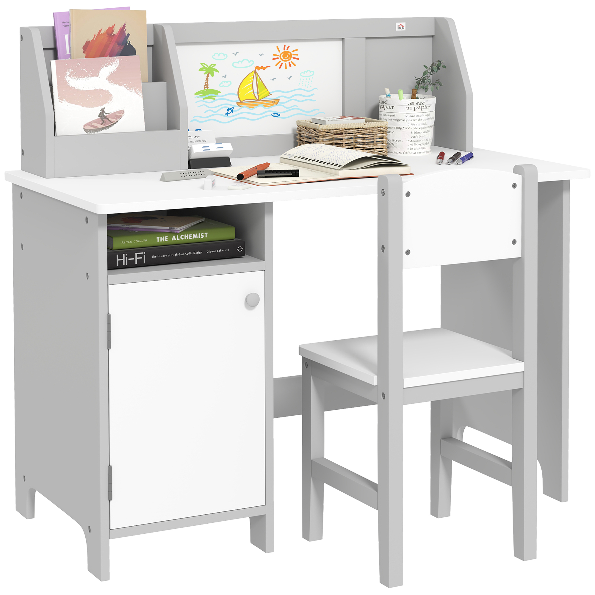 HOMCOM Set masa si scaun pentru copii cu tabla alba - birou pentru copii +5 ani - 90L x 45l x 85H cm Gri | Aosom Romania