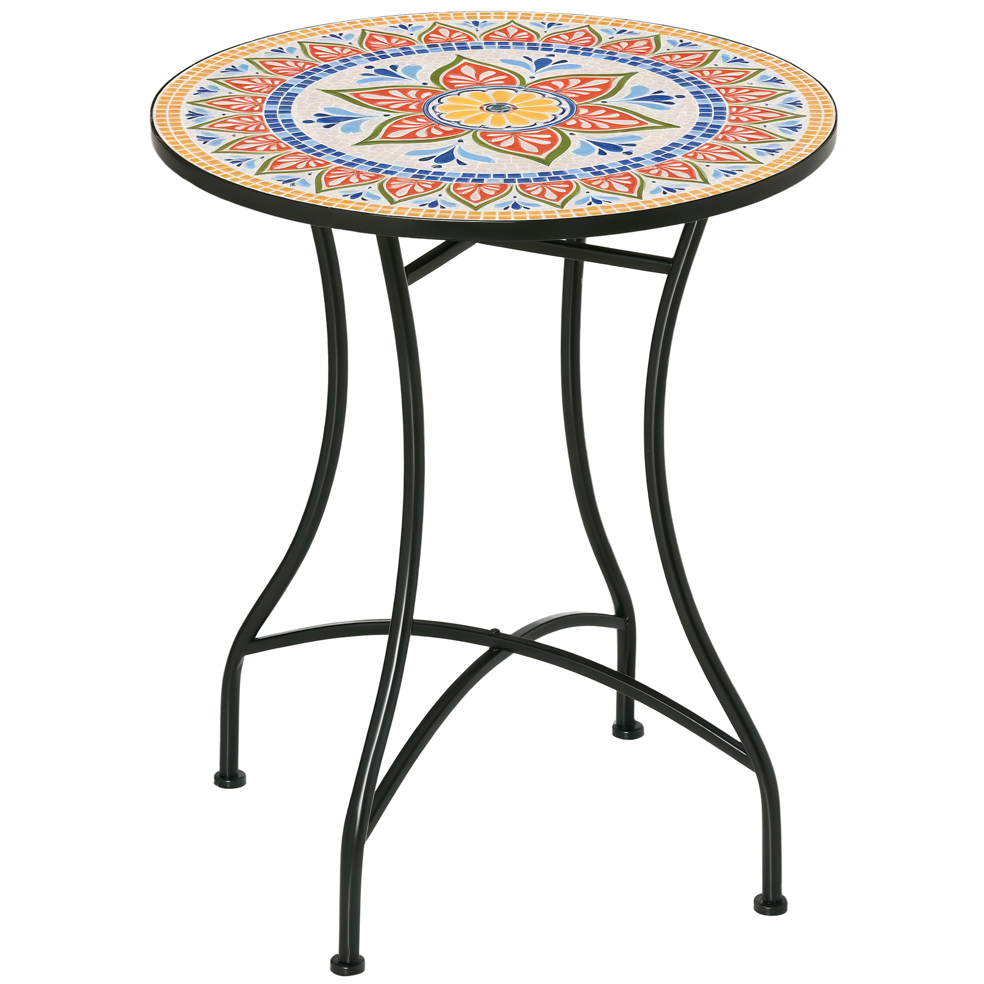 Masa de grădină Outsunny Ø60 cm, rezistent la intemperii din metal, masă de exterior, masă de camping, masă auxiliară rotundă pentru terasă de grădină în roșu + albastru + alb | Aosom Romania