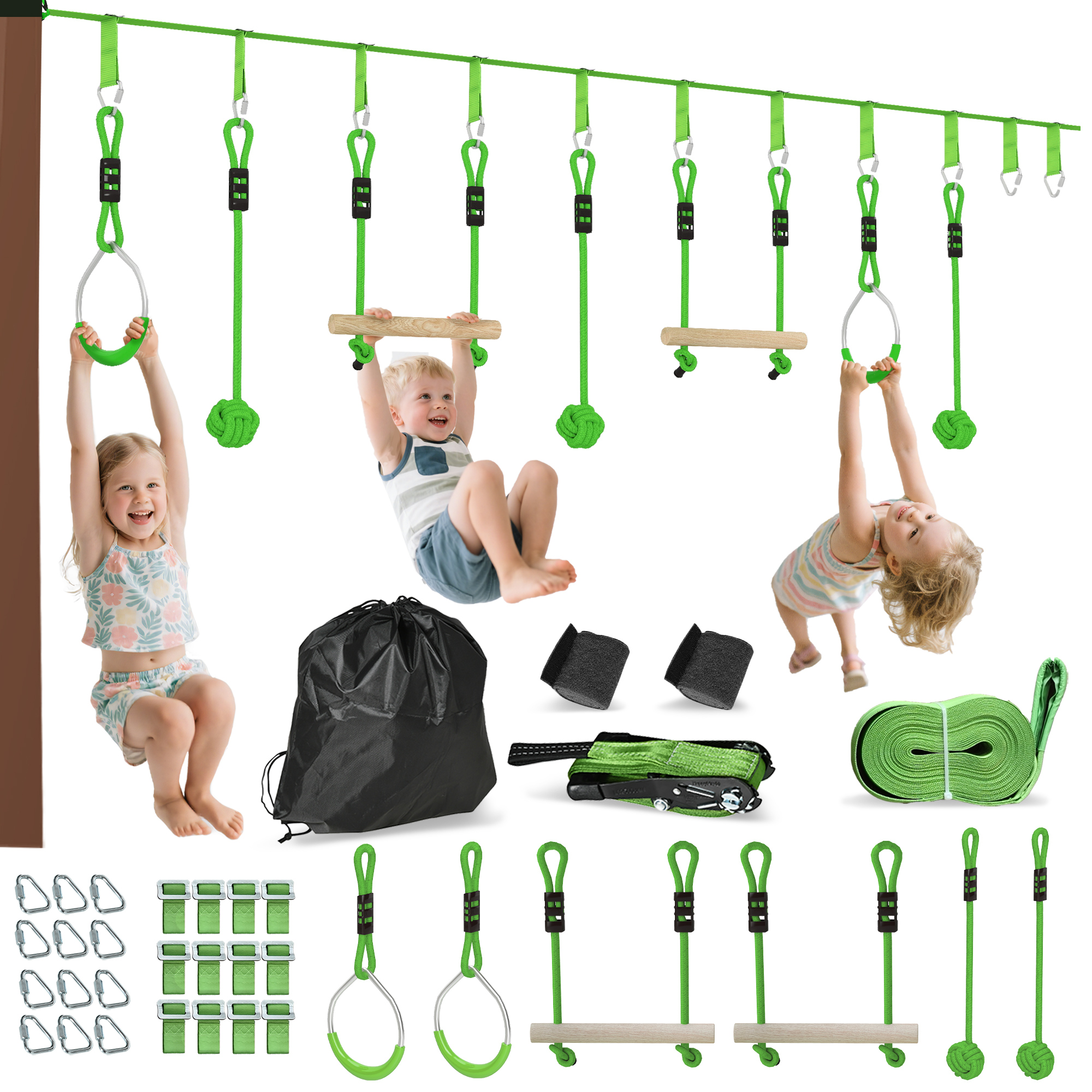 AIYAPLAY Parcurs de obstacole Ninja pentru copii 10 M kit tirolian complet 7 piese încărcare 50 kg, instalare ușoară, verde | Aosom Romania