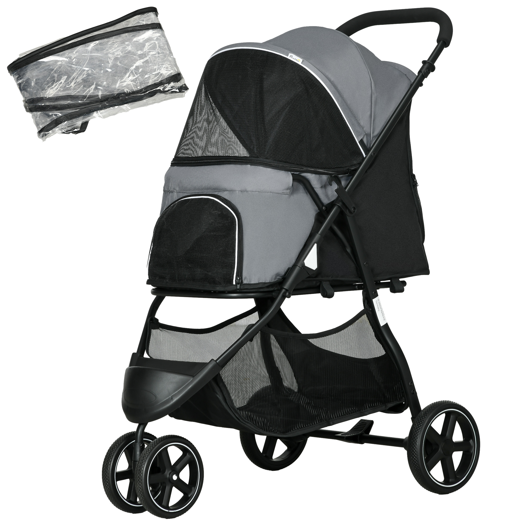 PawHut Cărucior pentru câini Haustierwagen, pliabil, husă de ploaie, 2 frâne de siguranță, 83 cm x 55 cm x 101 cm, Gri + Negru | Aosom Romania