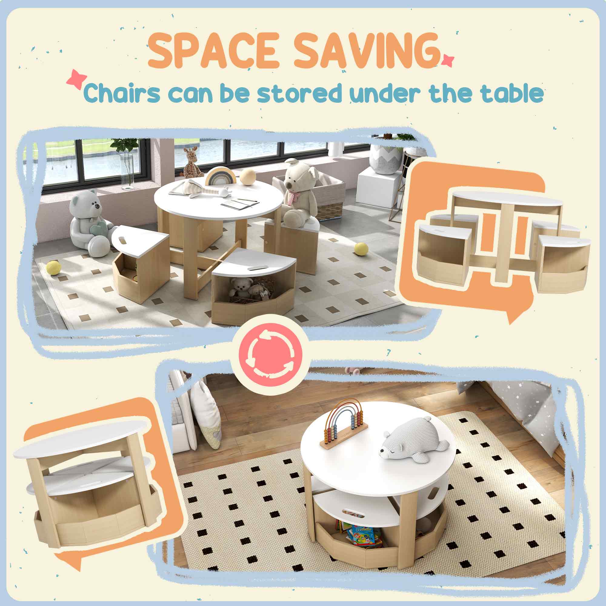 AIYAPLAY Five-Piece Kids Table and Chairs Set with Storage, for Ages 3-8 Years, White 5