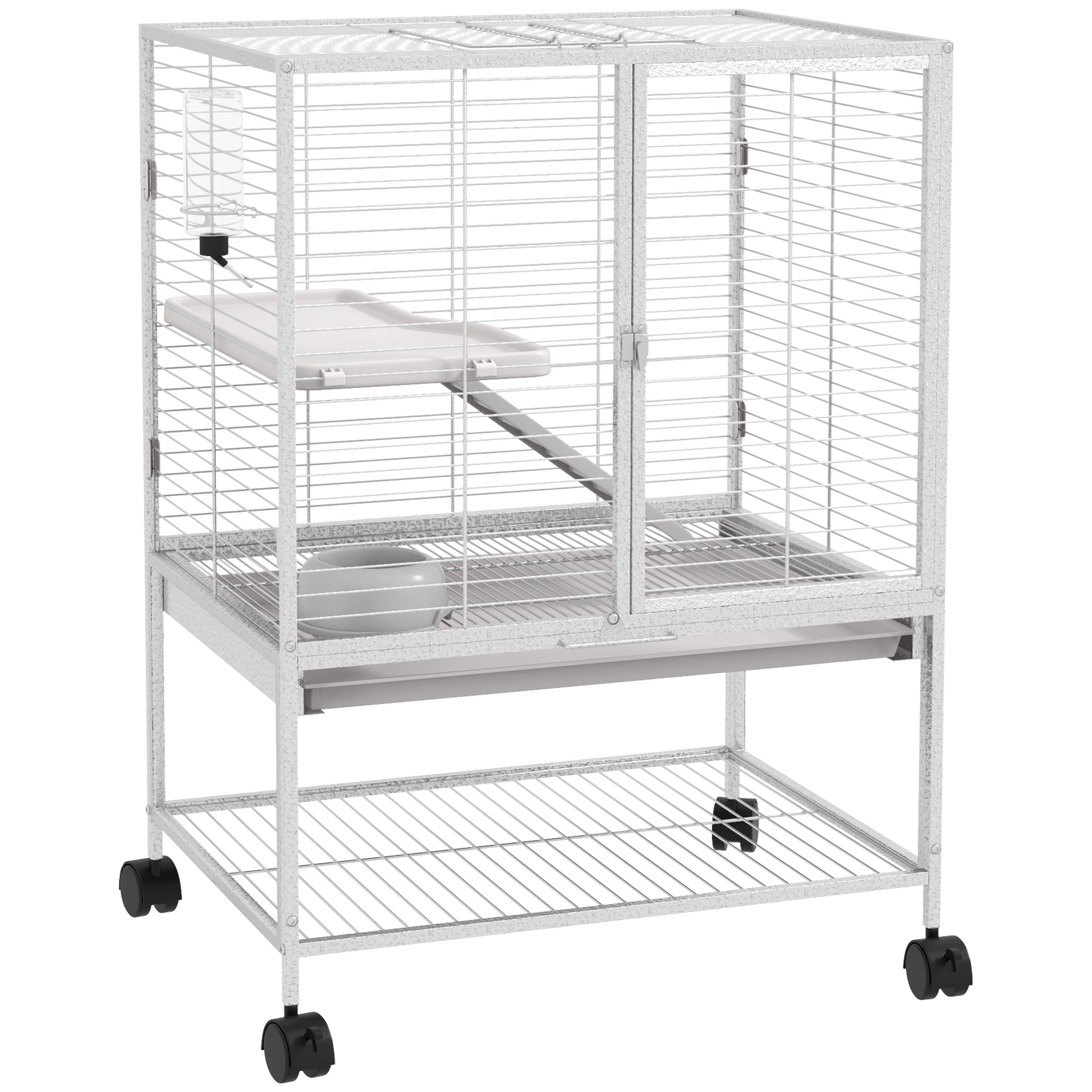 PawHut Cușcă pentru animale mici pe roți 2 nivele cu 2 uși, 1 rampă, 1 raft de depozitare 61,5 x 44,5 x 86 cm gri | Aosom Romania